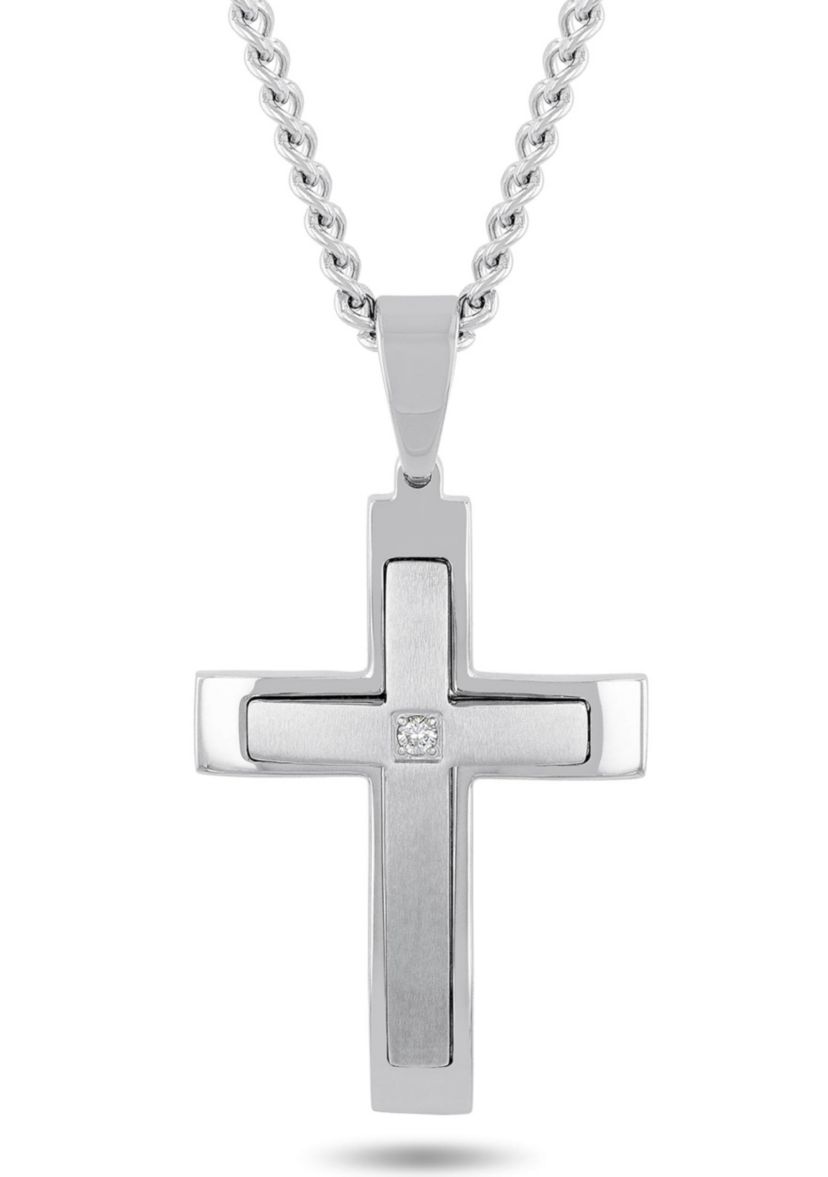 Lab Created .07 Lab Grown Diamond Accent Mens Stainless Steel Cross Pendant