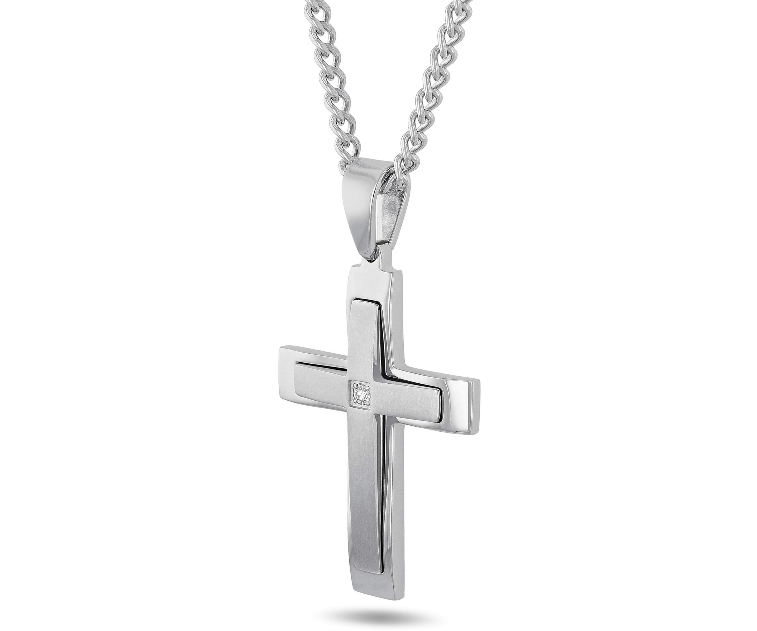 Lab Created .07 Lab Grown Diamond Accent Mens Stainless Steel Cross Pendant