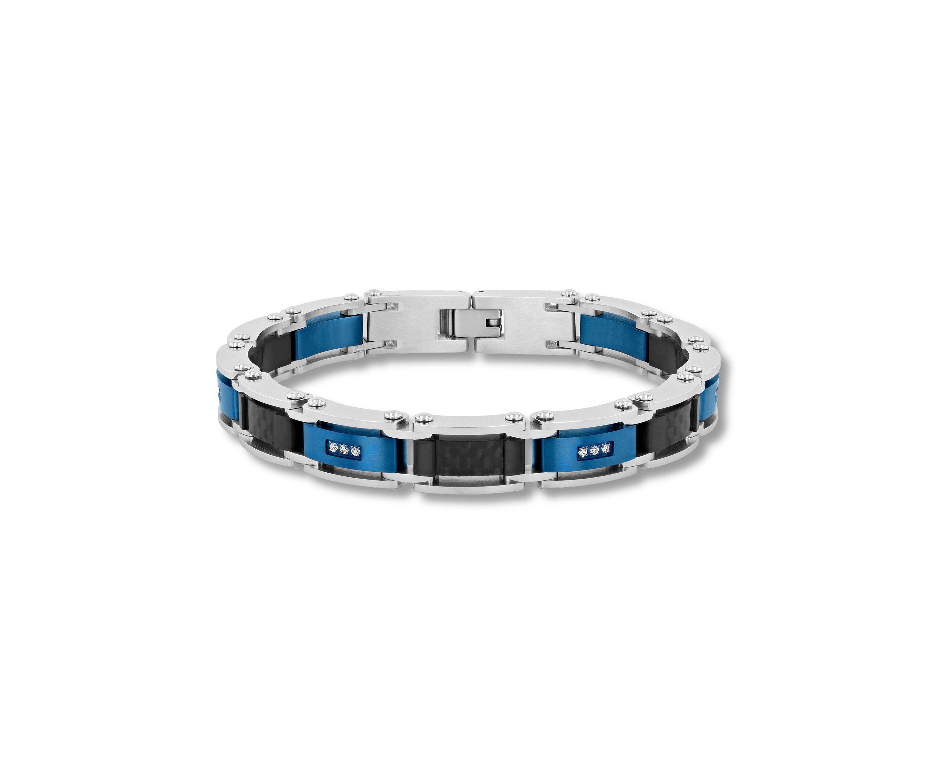 Lab Created 1/10CTW Lab Grown Diamond Mens Stainless Steel Black and Blue Tone-tone Finish Link Bracelet