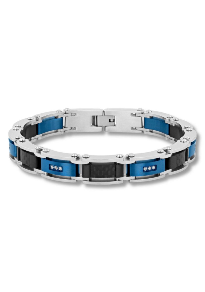 Lab Created 1/10CTW Lab Grown Diamond Mens Stainless Steel Black and Blue Tone-tone Finish Link Bracelet