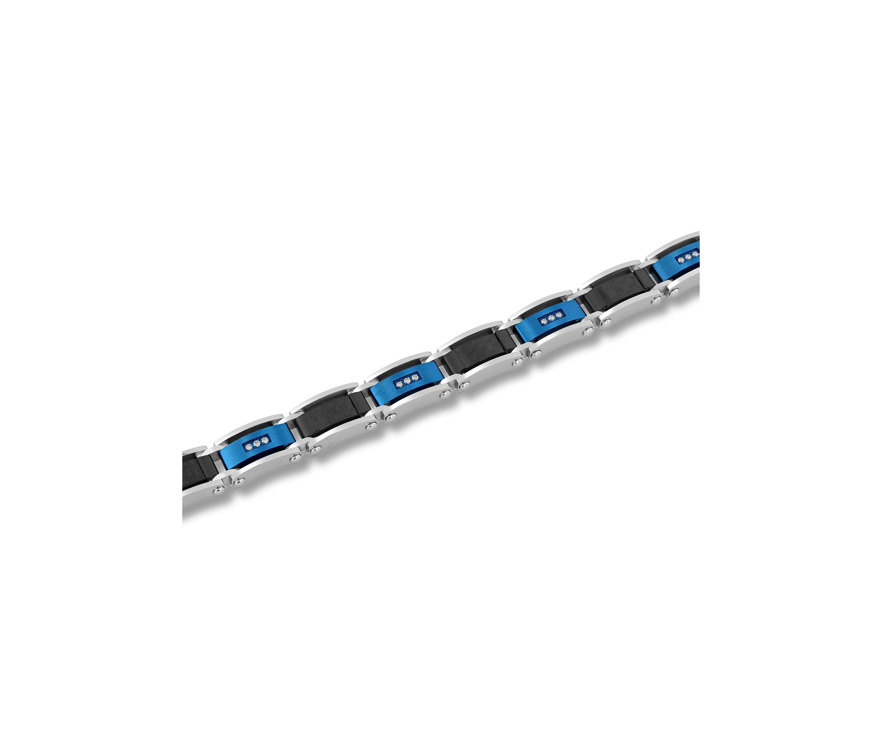 Lab Created 1/10CTW Lab Grown Diamond Mens Stainless Steel Black and Blue Tone-tone Finish Link Bracelet