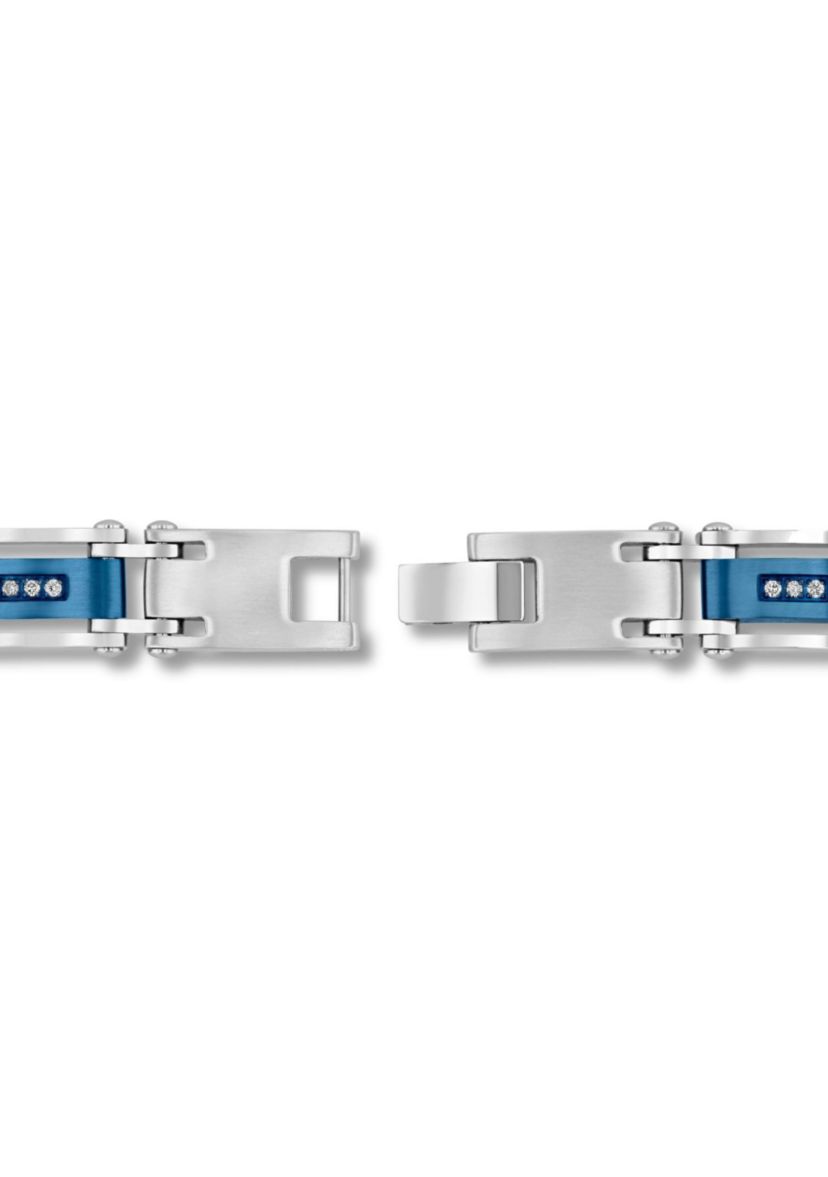 Lab Created 1/10CTW Lab Grown Diamond Mens Stainless Steel Black and Blue Tone-tone Finish Link Bracelet