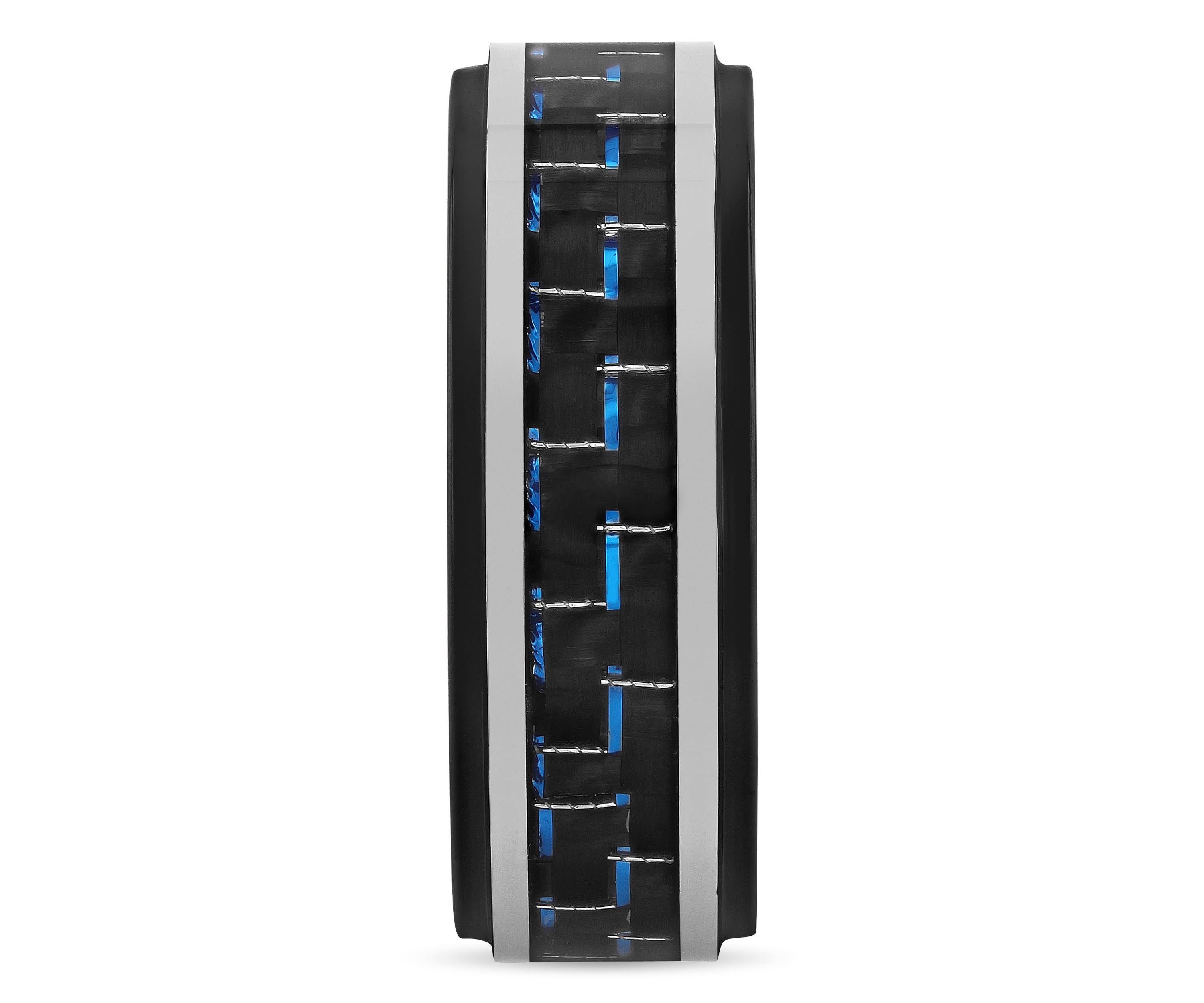 Black and Blue Pattern Inlay Step Edge 8mm Band in Two-tone Tungsten