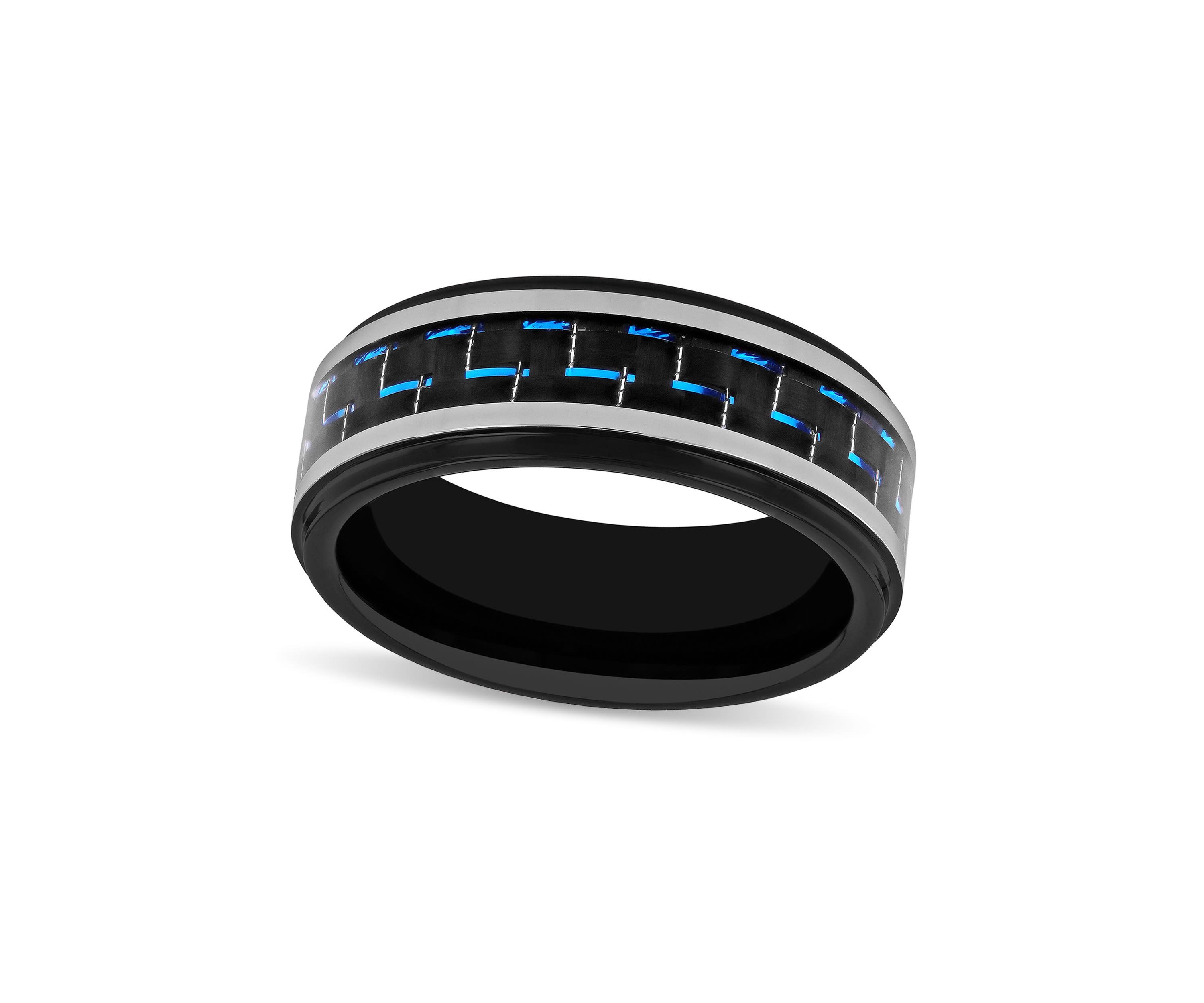Black and Blue Pattern Inlay Step Edge 8mm Band in Two-tone Tungsten