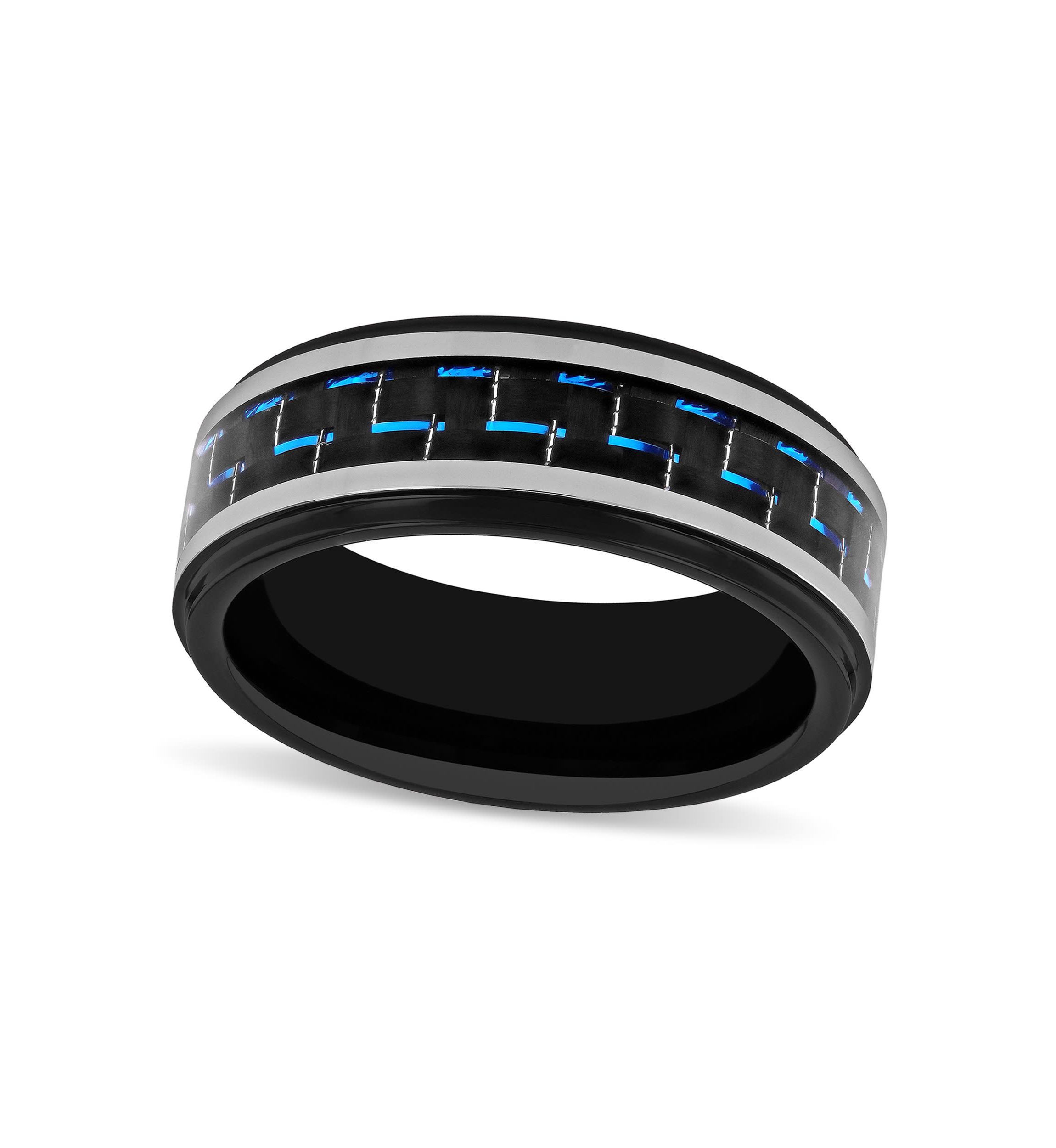Black and Blue Pattern Inlay Step Edge 8mm Band in Two-tone Tungsten