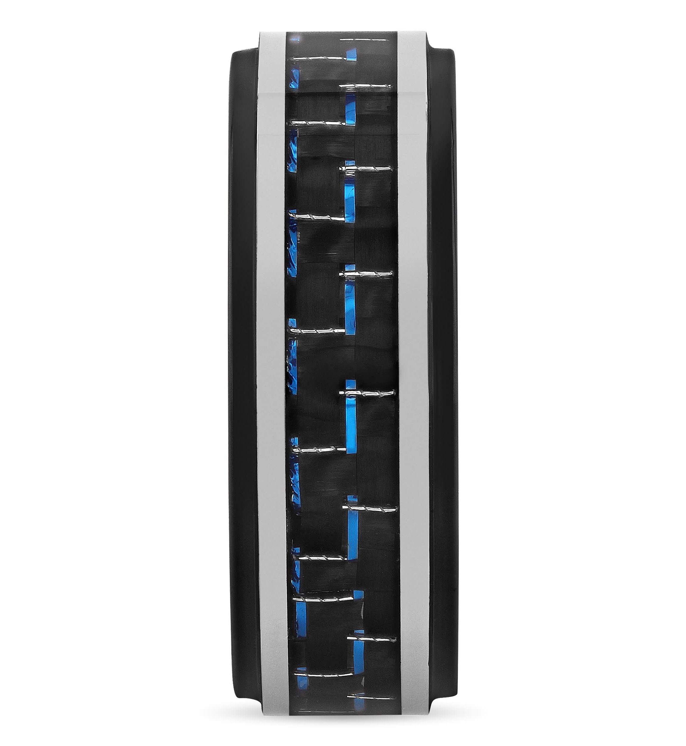 Black and Blue Pattern Inlay Step Edge 8mm Band in Two-tone Tungsten
