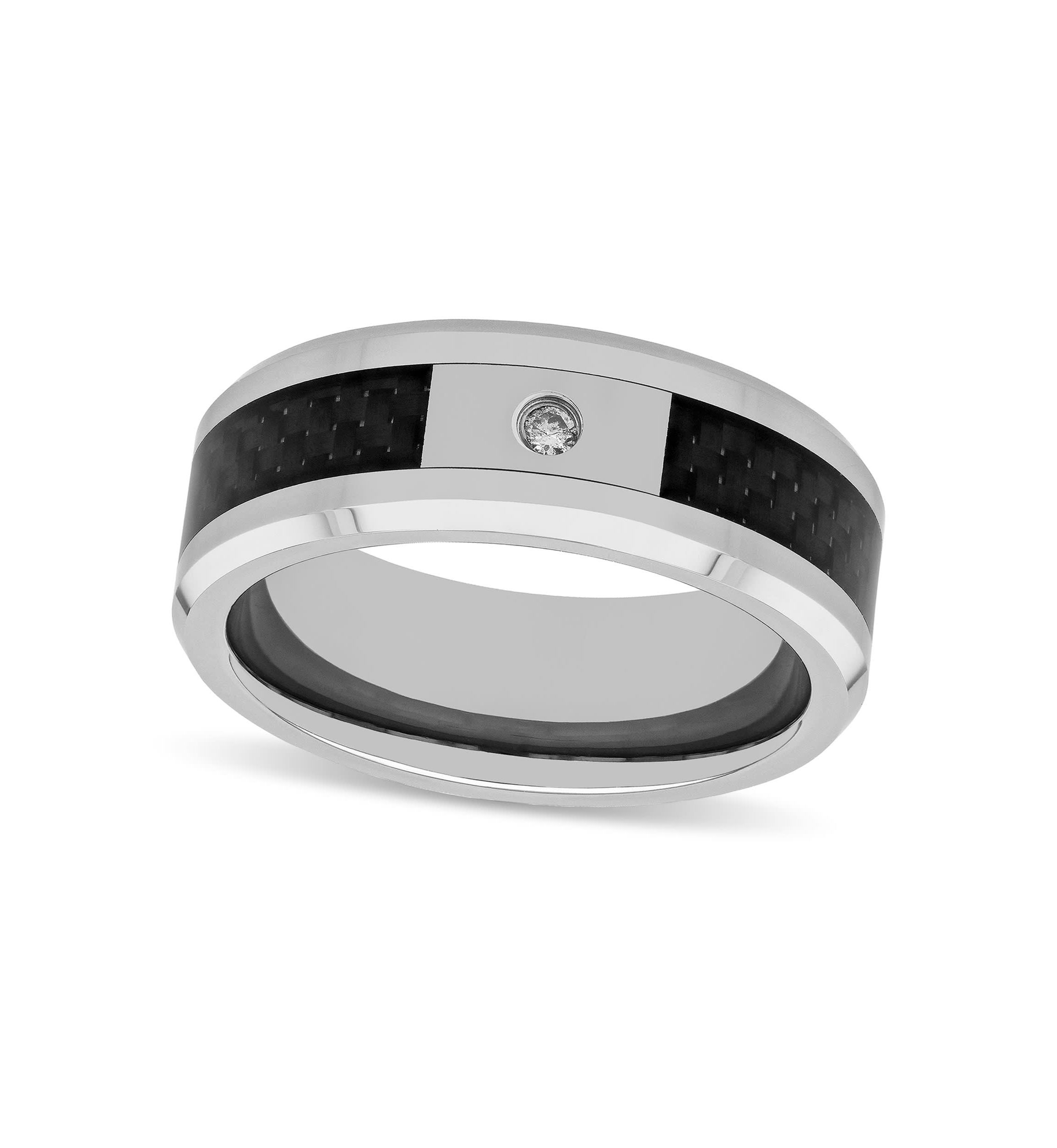 0.03 c.t. Diamond Carbon Fiber Inlay 8mm Beveled Band in Two-tone Tingsten