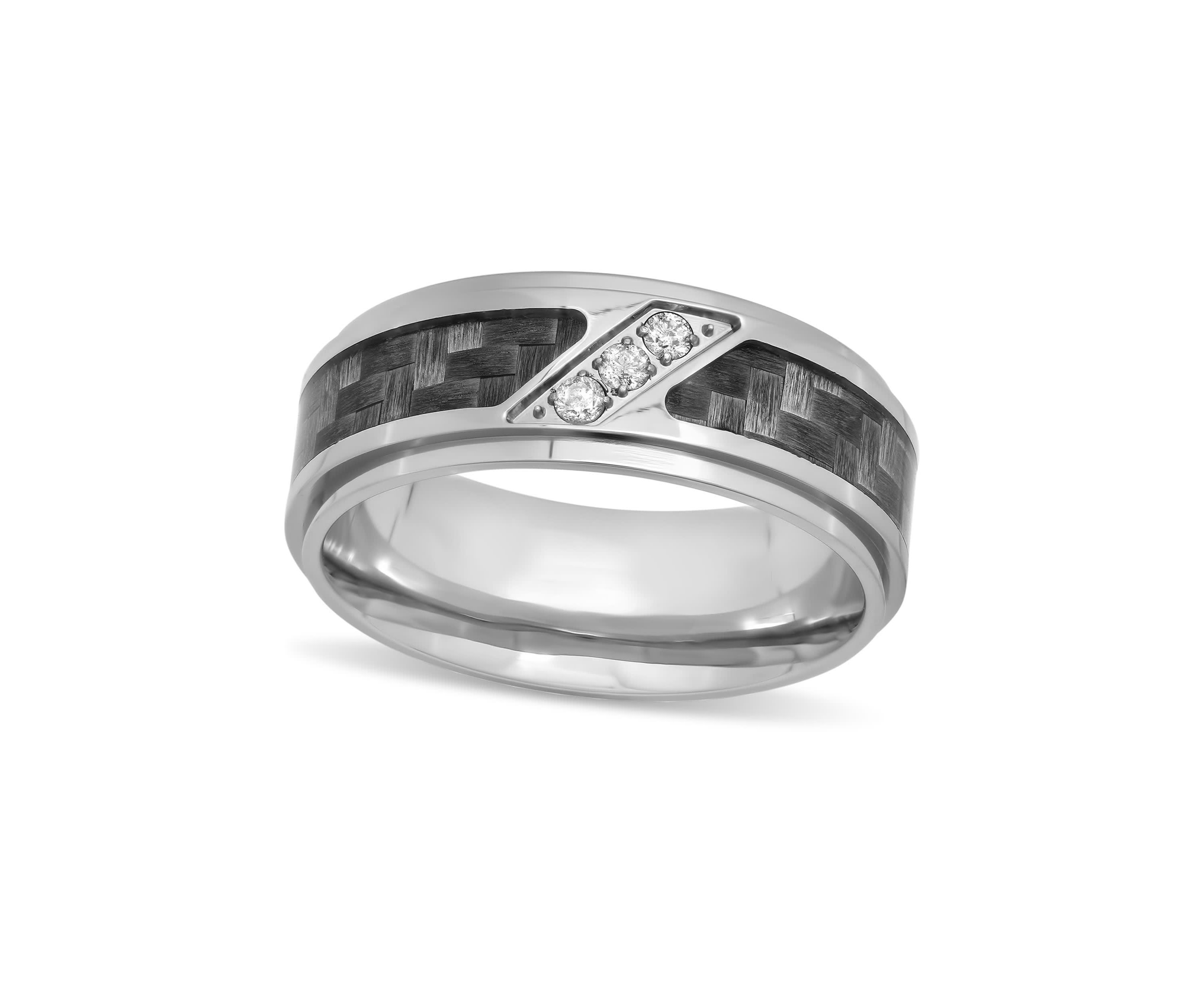 0.10 c.t. Diamond Carbon Fiber Inlay 6mm Step Edge Band in Stainless Steel