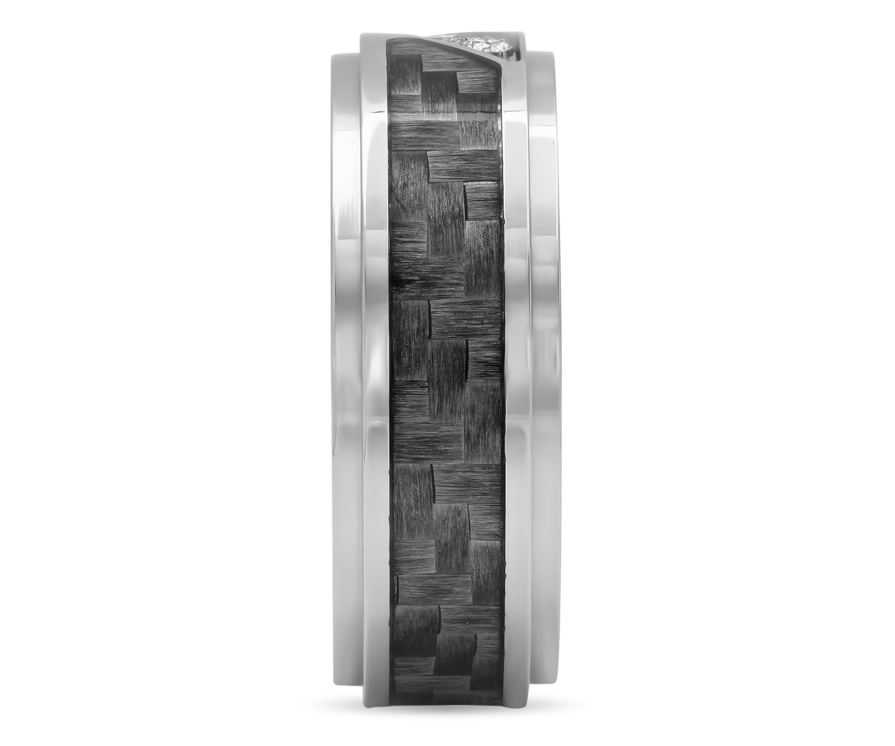 0.10 c.t. Diamond Carbon Fiber Inlay 6mm Step Edge Band in Stainless Steel