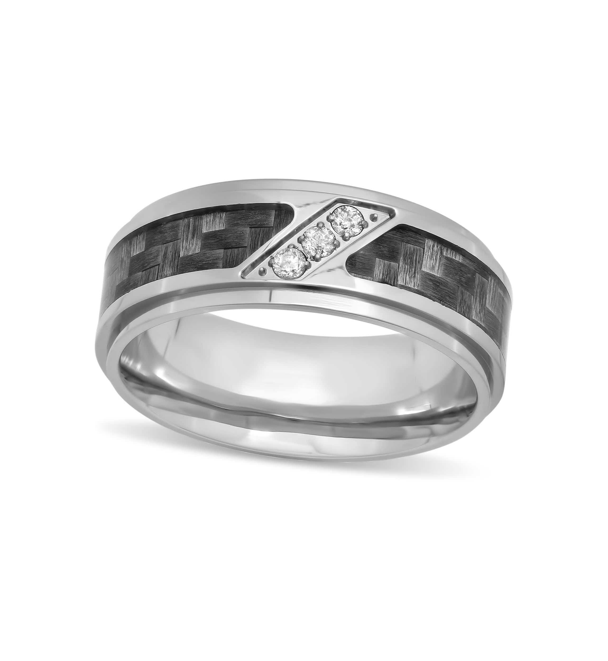 0.10 c.t. Diamond Carbon Fiber Inlay 6mm Step Edge Band in Stainless Steel