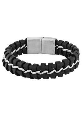 Belk & Co Men's Stainless Steel with Black and Brown Faux Leather Bracelet with Slide Lock Clasp