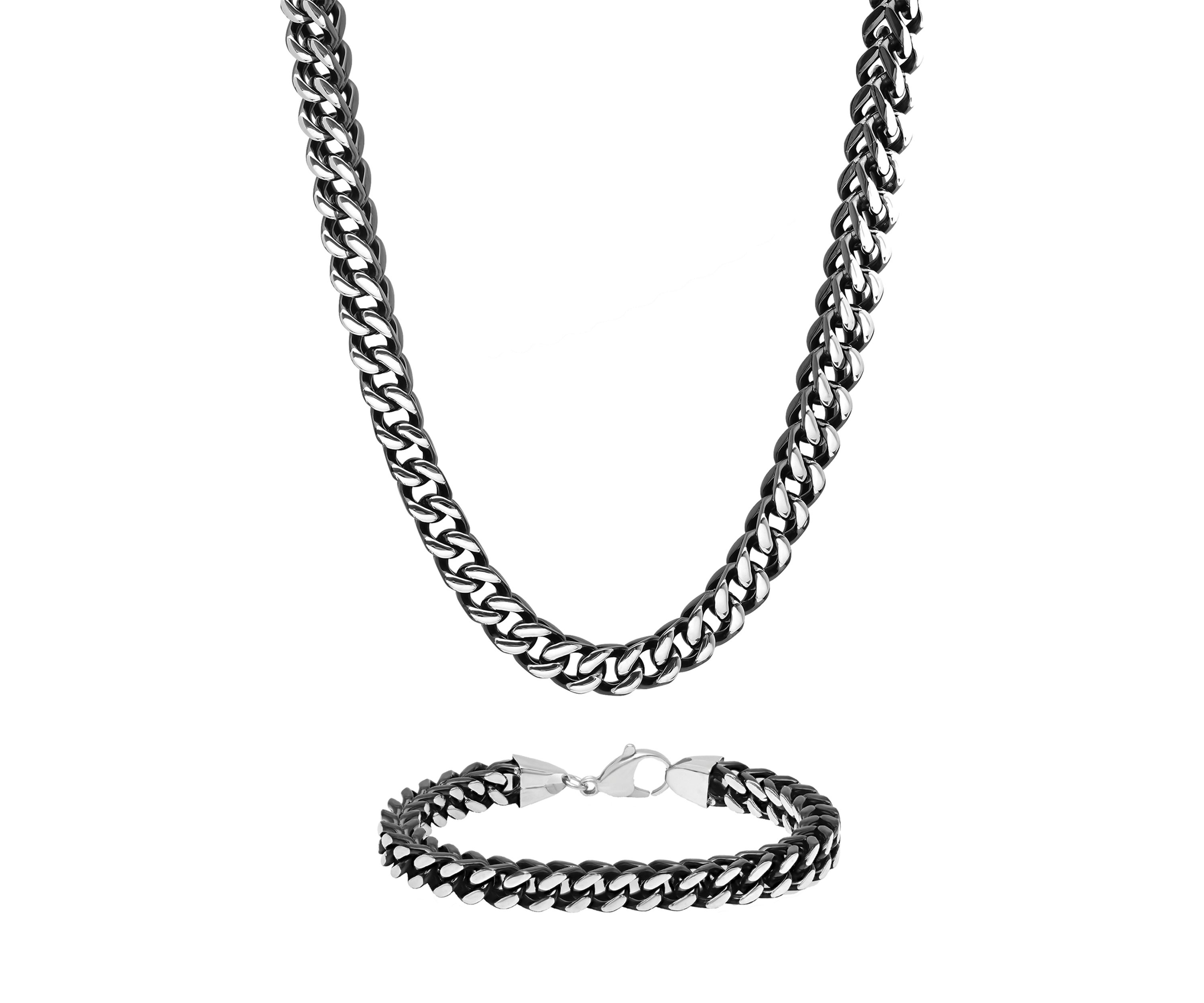 Franco Link Chain Bracelet and Necklace Set in Black Stainless Steel