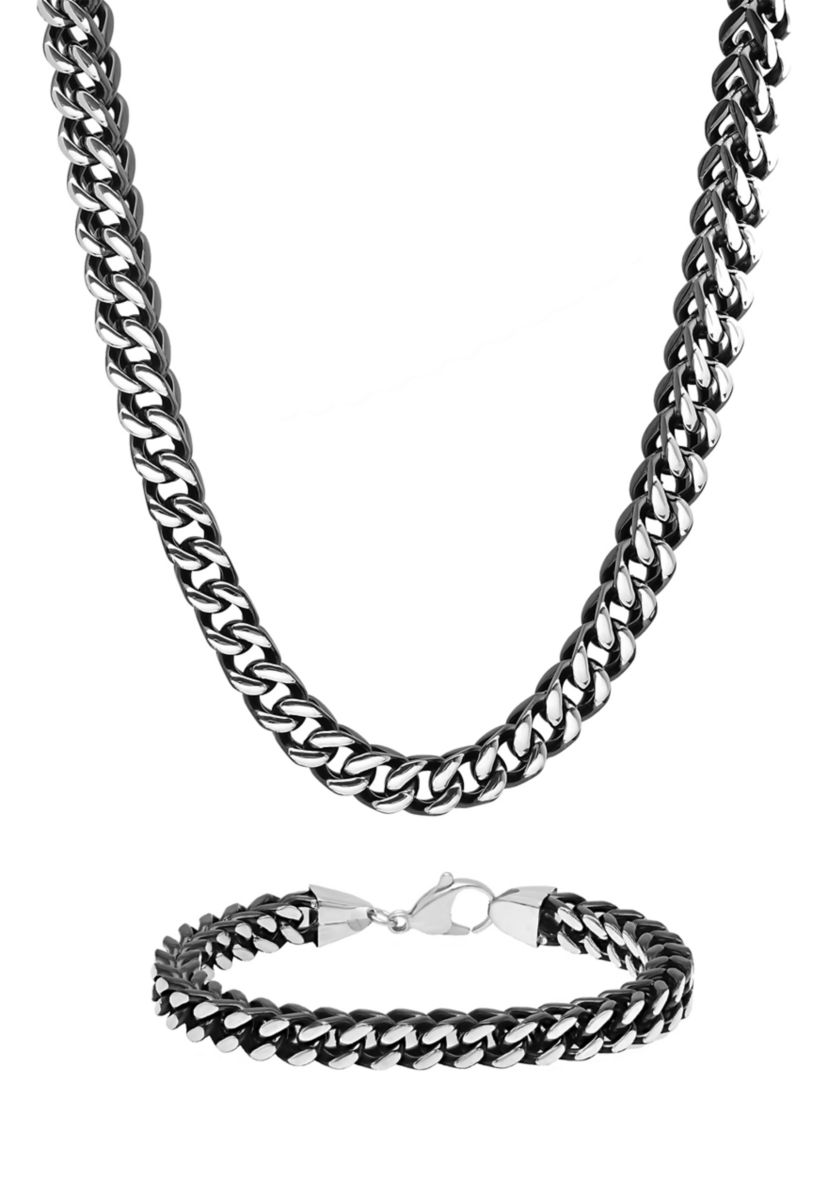 Franco Link Chain Bracelet and Necklace Set in Black Stainless Steel