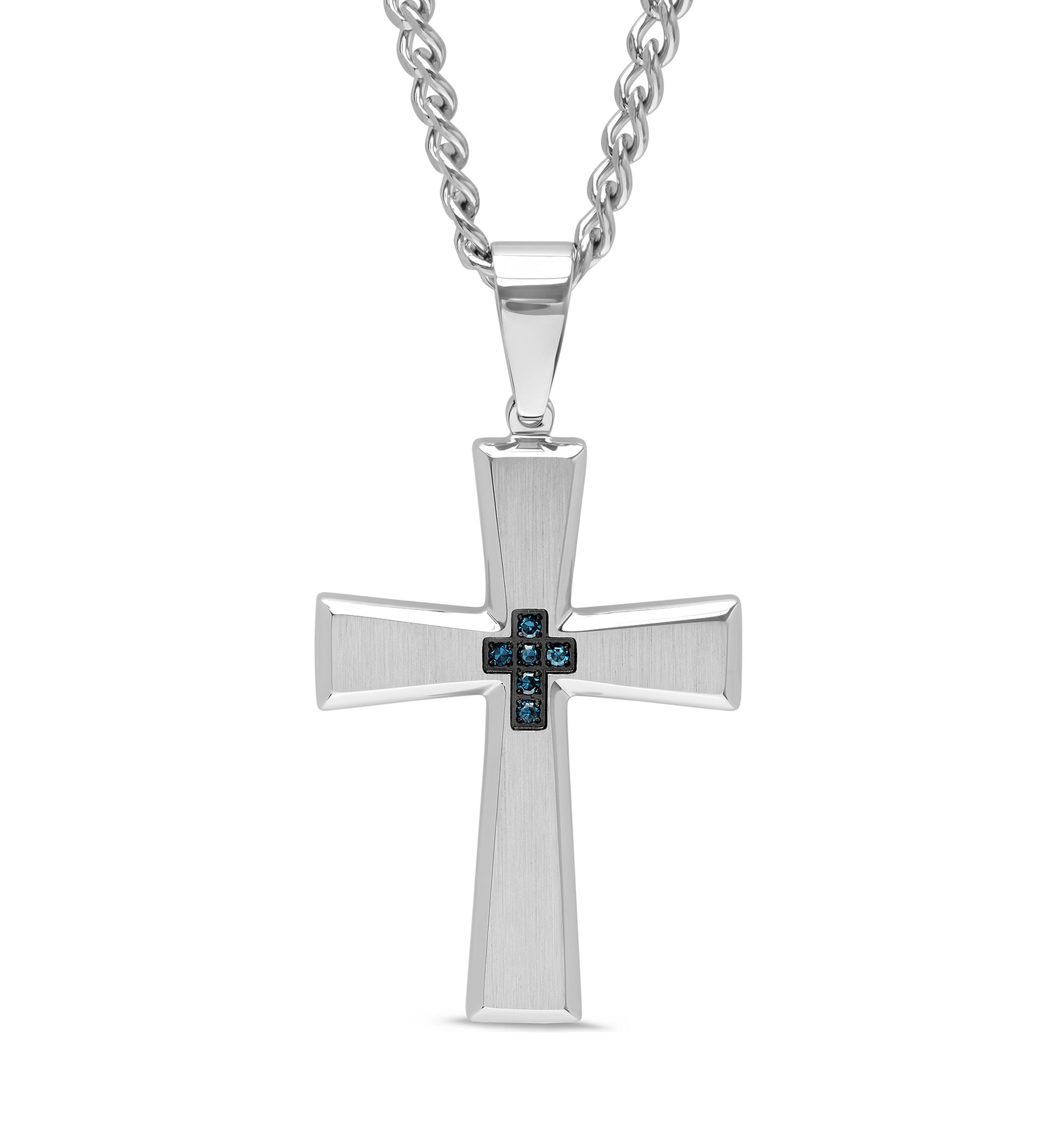 1/10 ct. t.w. Blue Diamond Tapered Cross Pendant in Stainless Steel