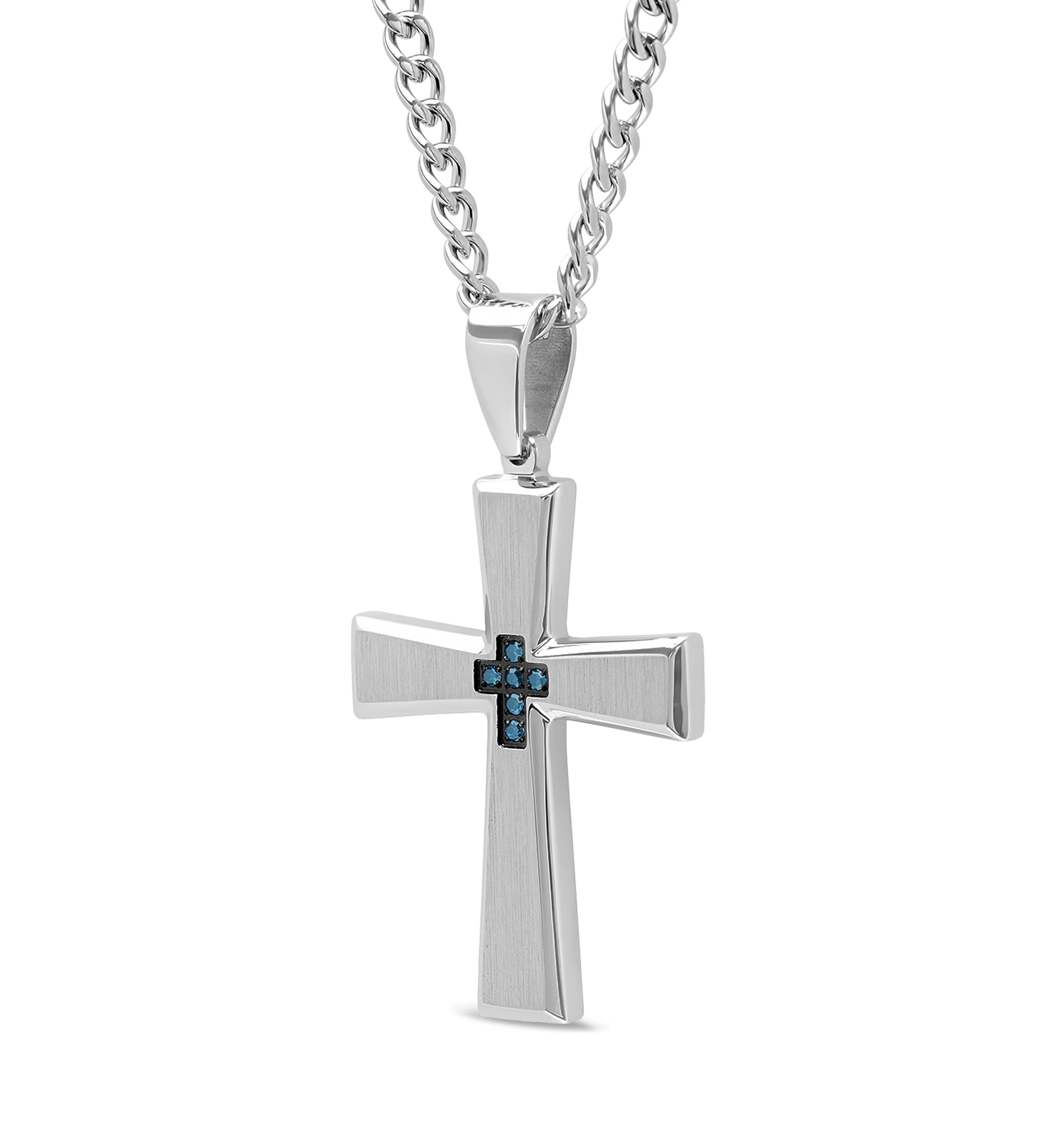 1/10 ct. t.w. Blue Diamond Tapered Cross Pendant in Stainless Steel