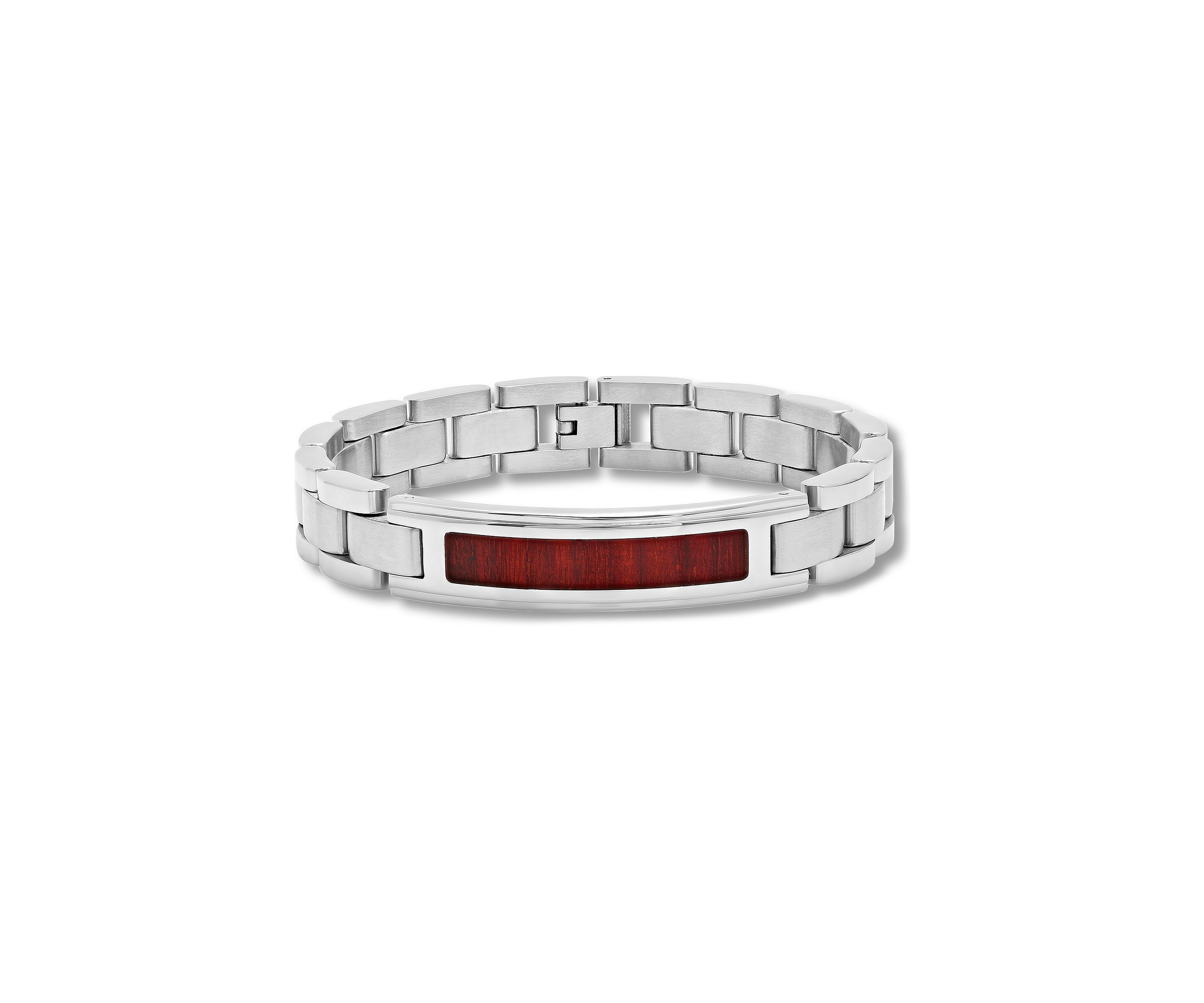 Mens Woodgrain Inlay ID Link Bracelet in Stainless Steel