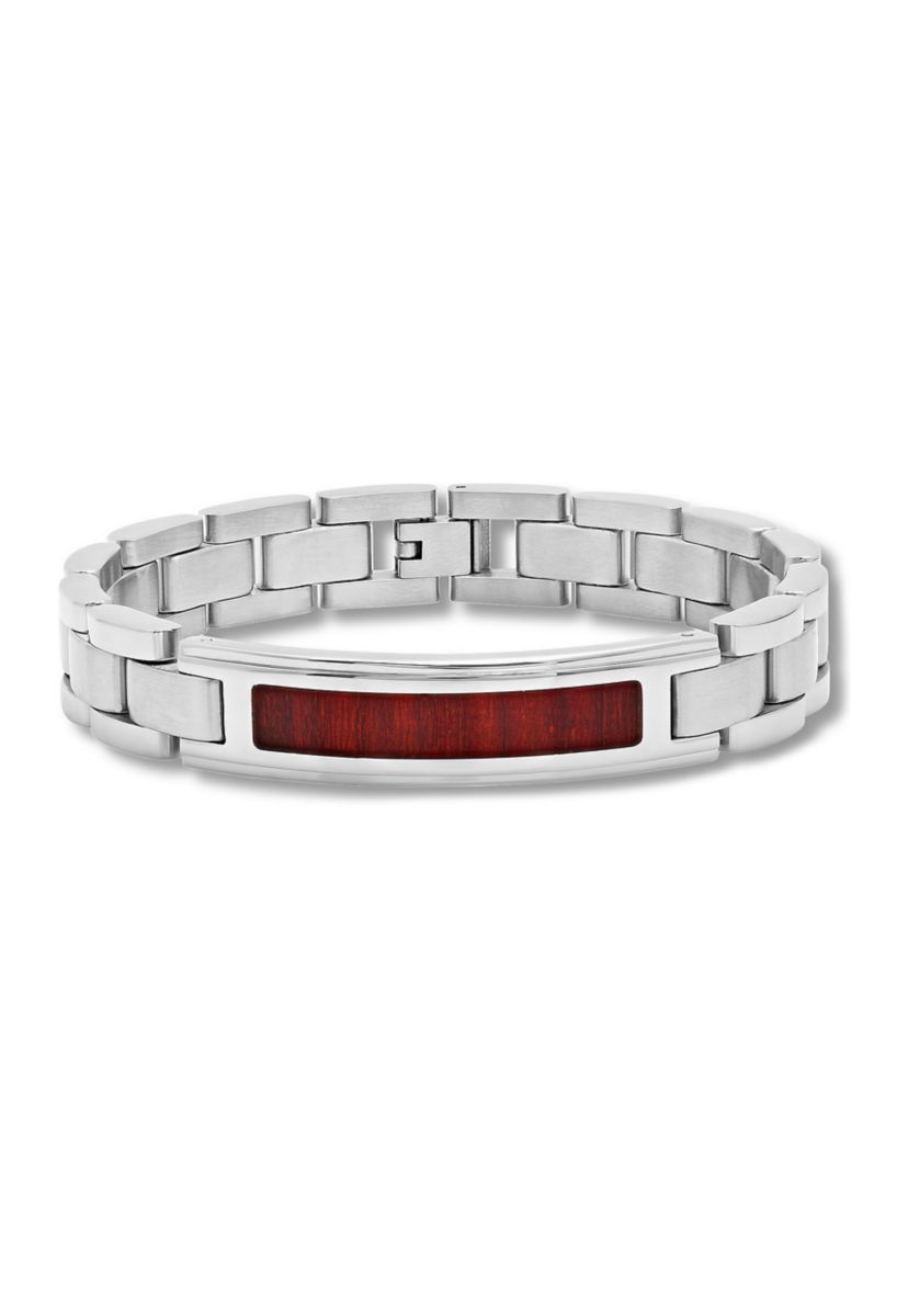 Mens Woodgrain Inlay ID Link Bracelet in Stainless Steel