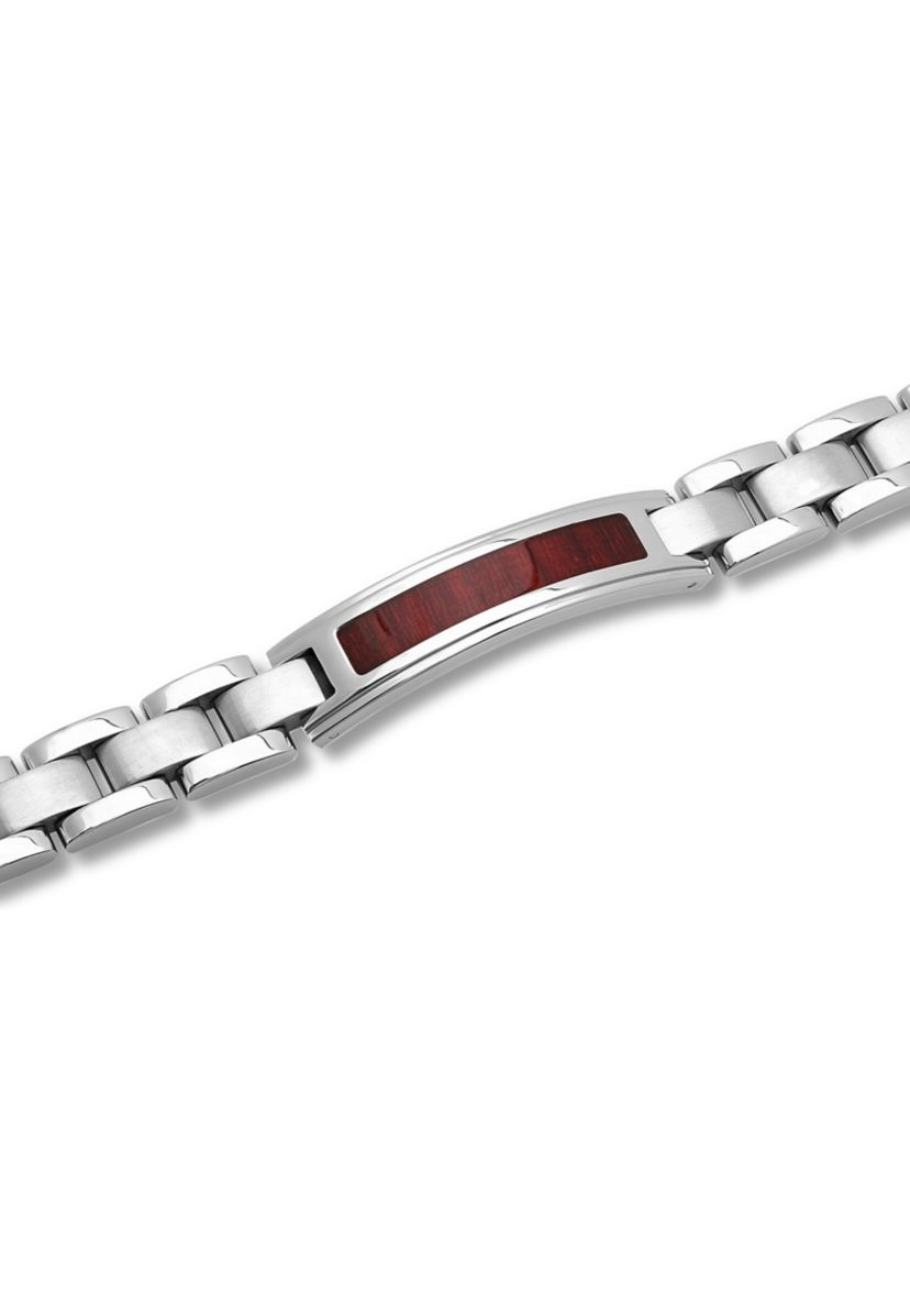 Mens Woodgrain Inlay ID Link Bracelet in Stainless Steel