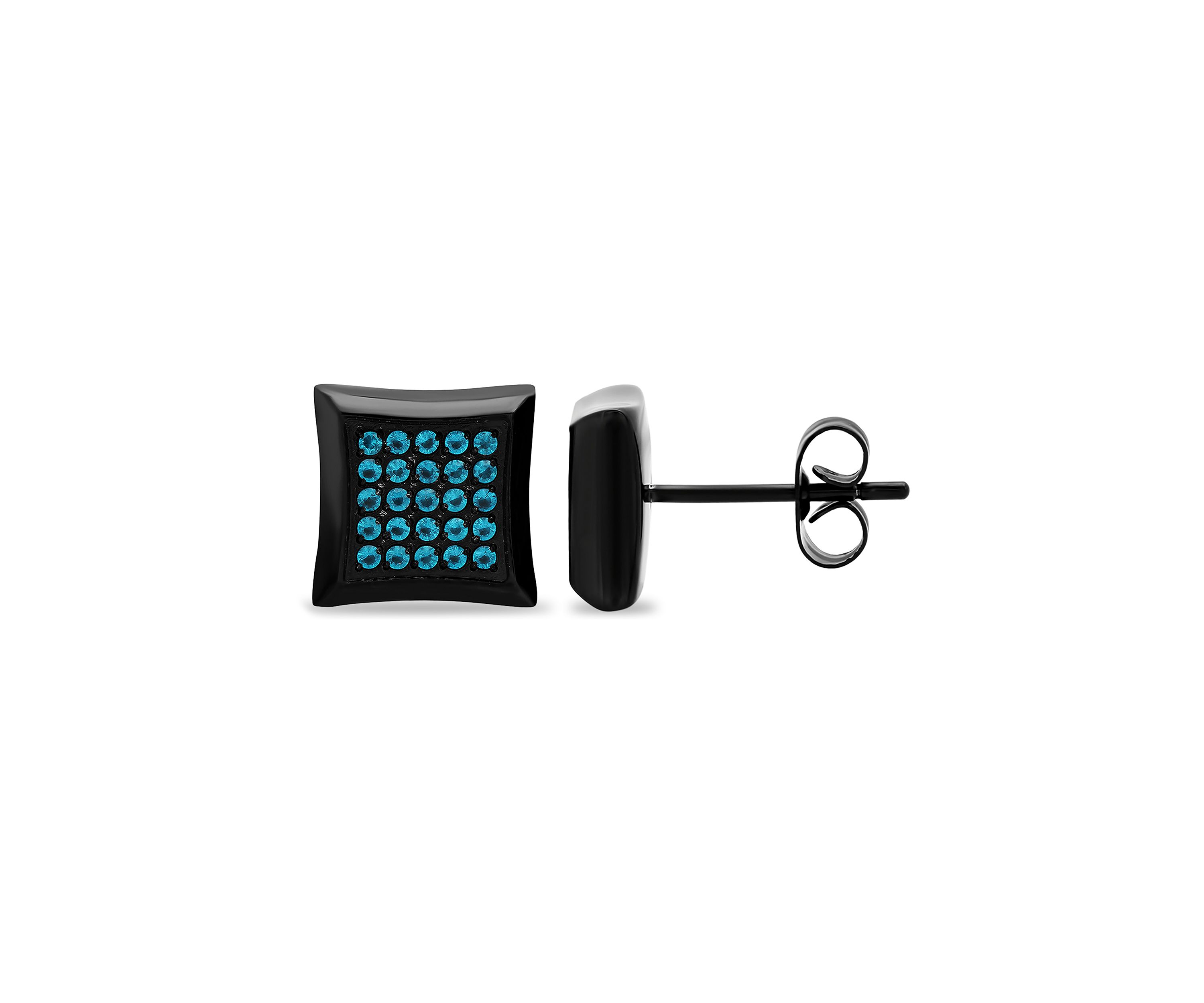 Blue Cubic Zirconia Square Stud Earrings in Black Stainless Steel