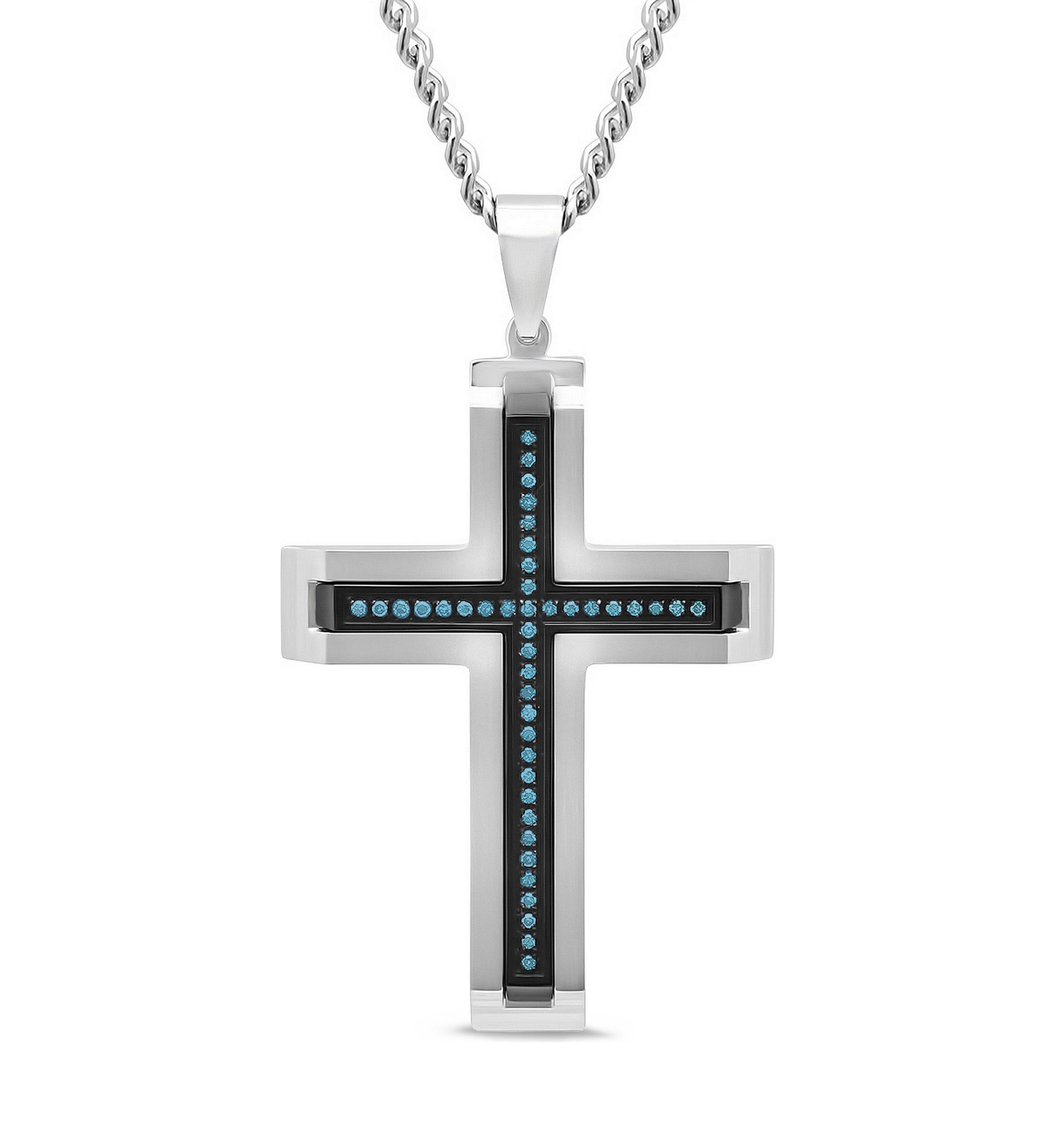 1/5 ct. t.w. Blue Diamond Beveled Cross Pendant in Two-Tone Stainless Steel