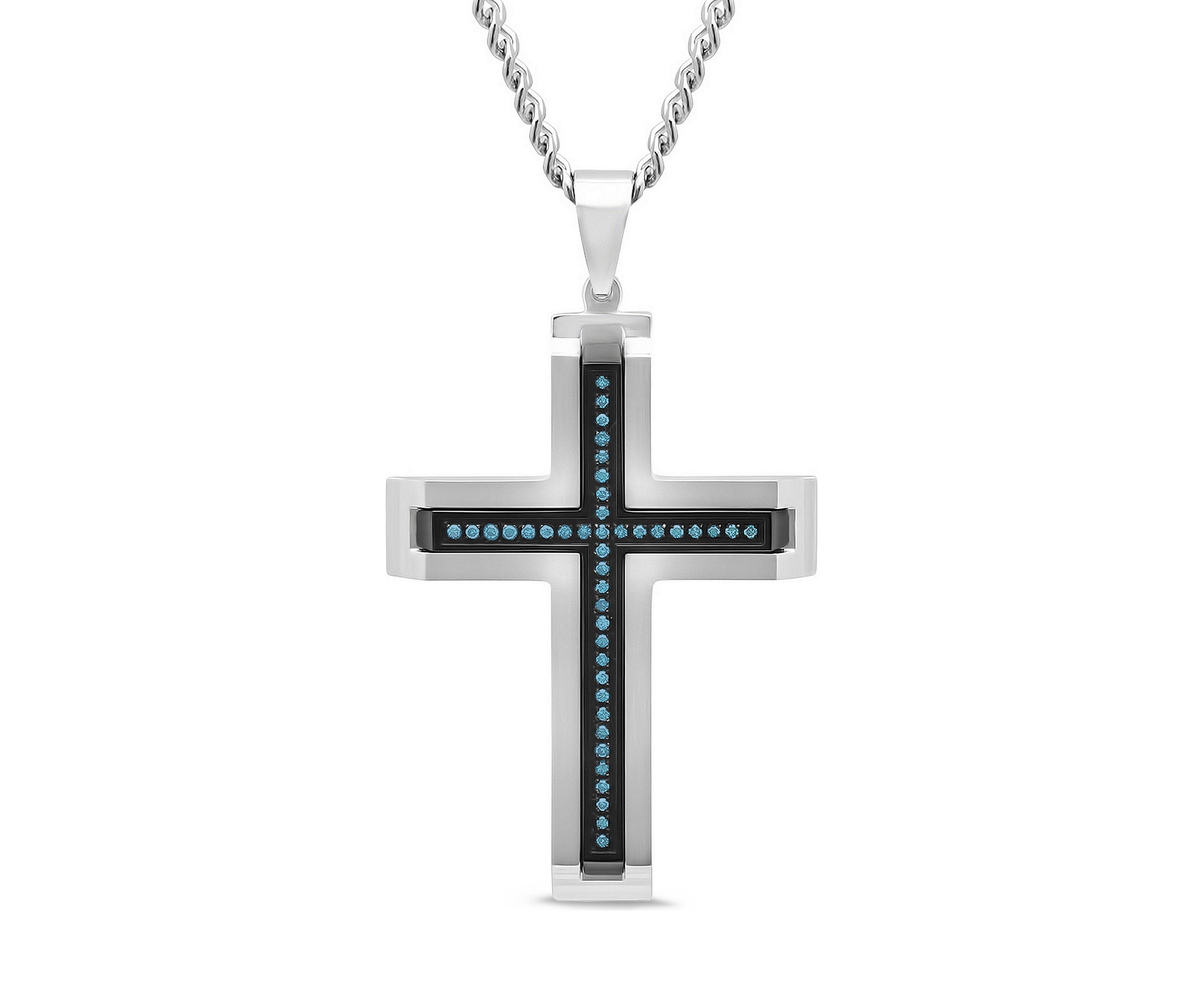 1/5 ct. t.w. Blue Diamond Beveled Cross Pendant in Two-Tone Stainless Steel