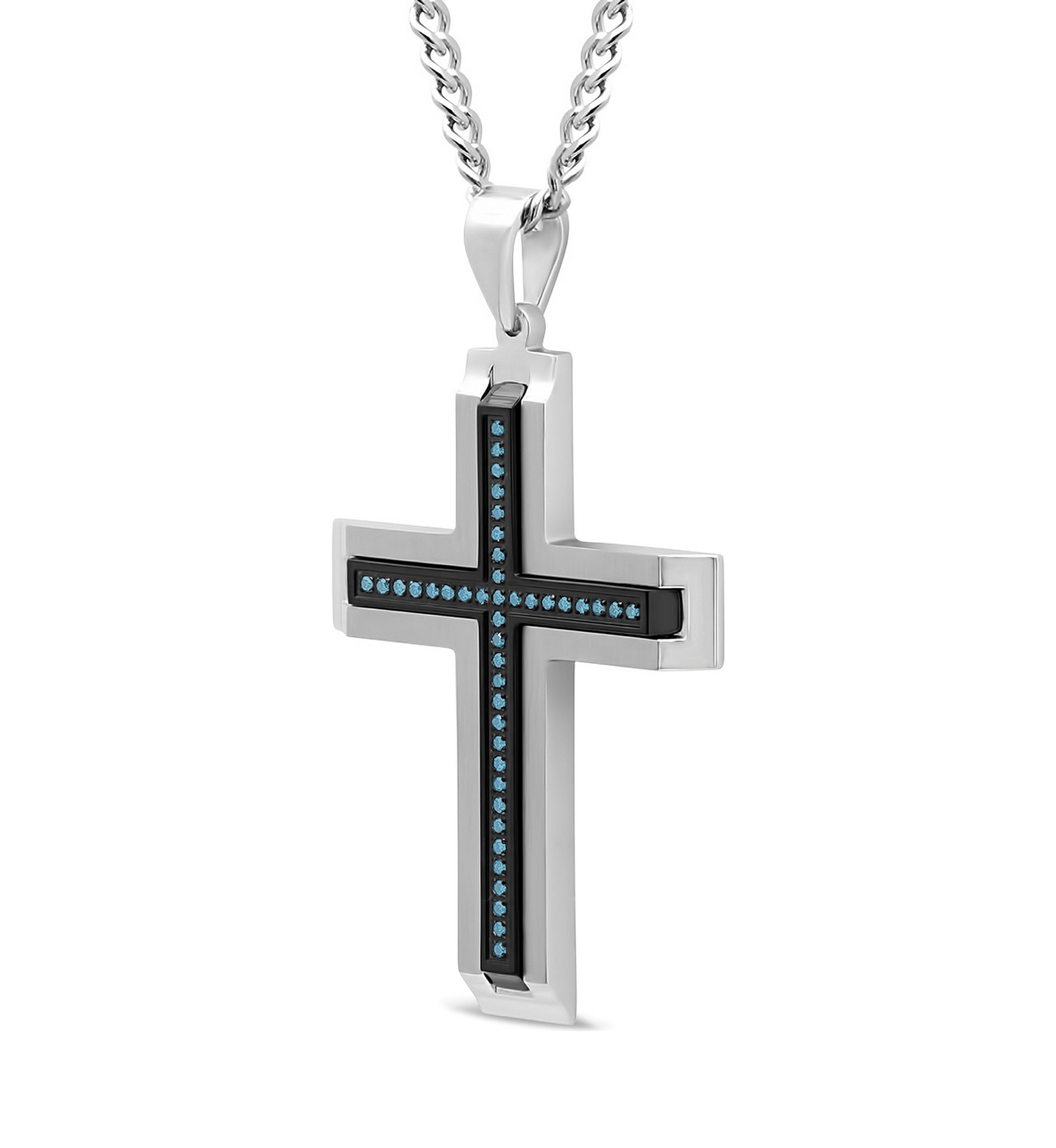 1/5 ct. t.w. Blue Diamond Beveled Cross Pendant in Two-Tone Stainless Steel