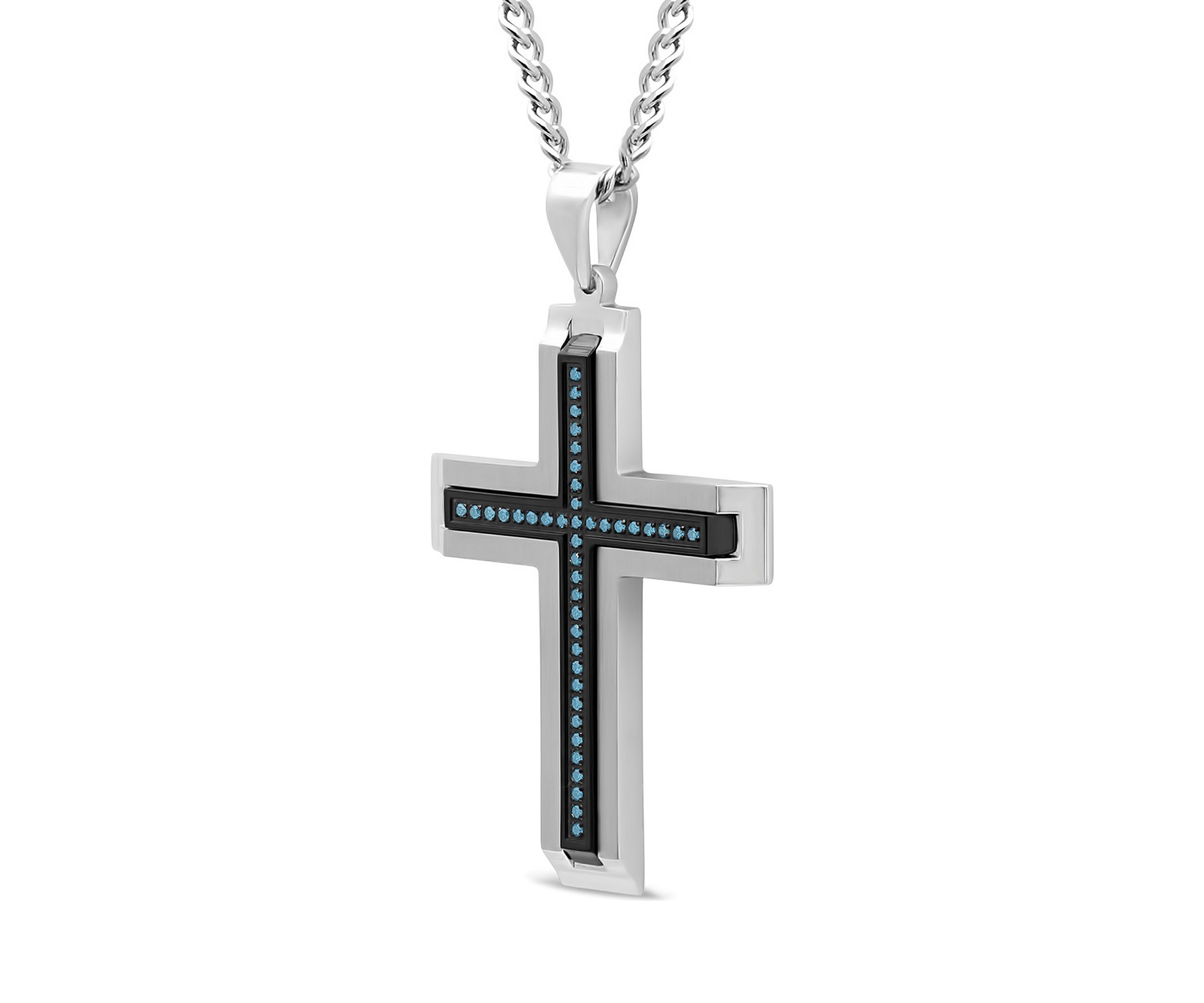 1/5 ct. t.w. Blue Diamond Beveled Cross Pendant in Two-Tone Stainless Steel