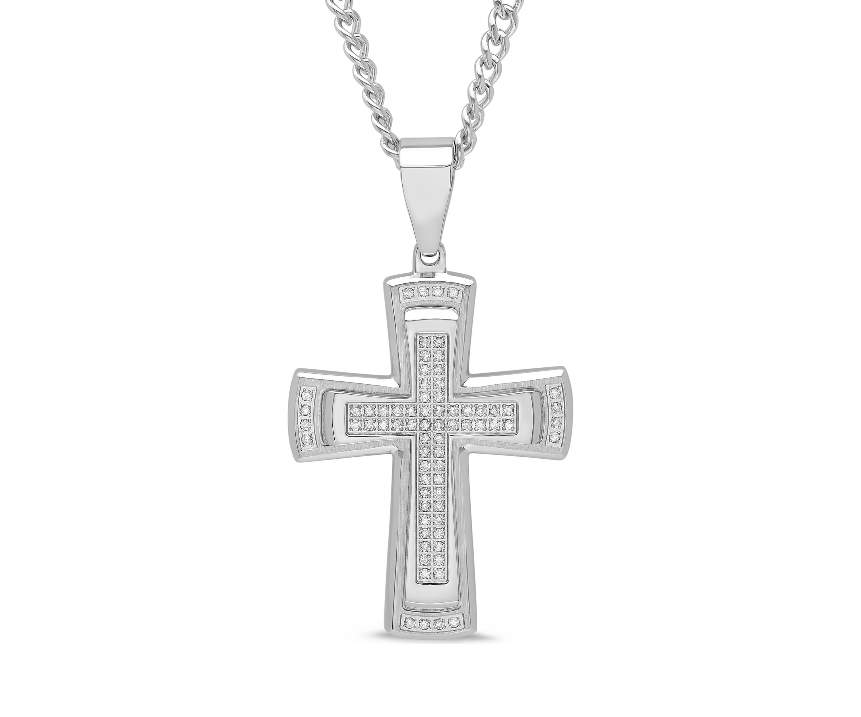 3/8 ct. t.w. Diamond Stacked Cross Pendant in Stainless Steel