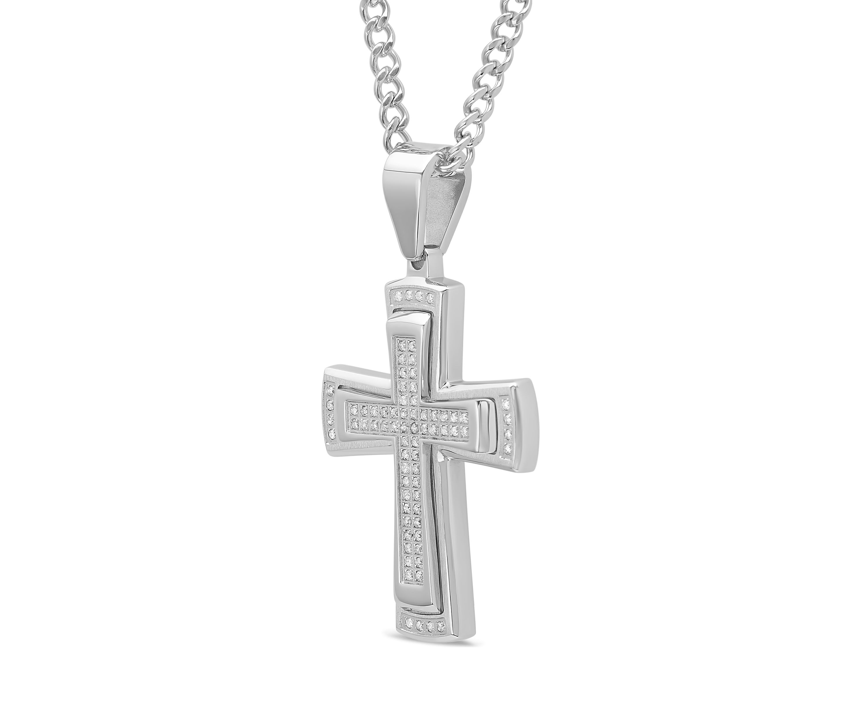 3/8 ct. t.w. Diamond Stacked Cross Pendant in Stainless Steel