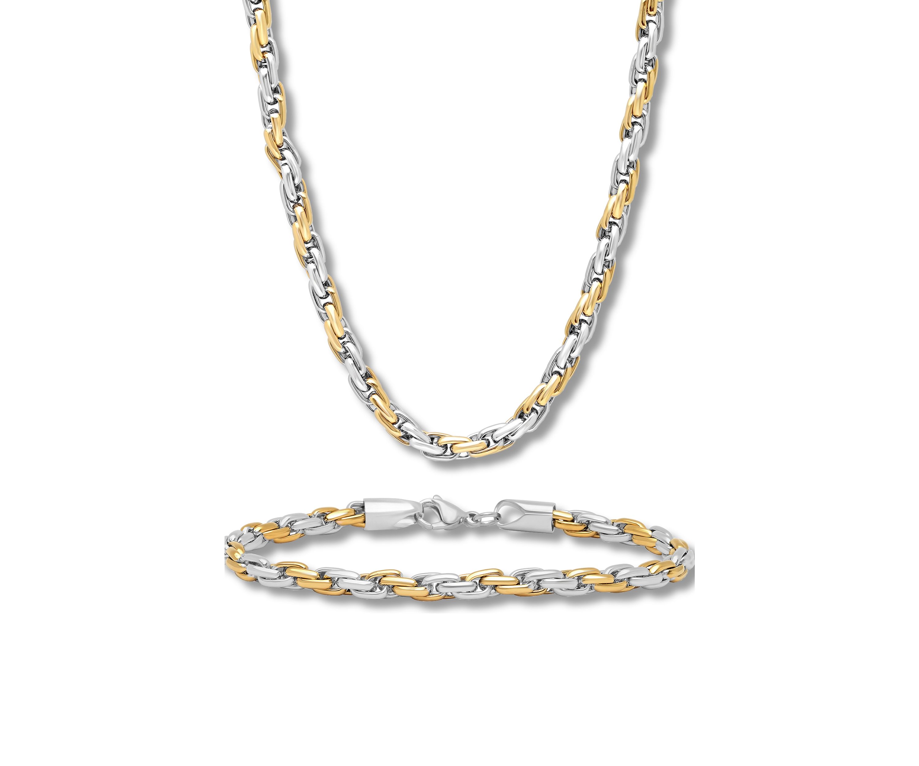 Rope Link Chain Bracelet and Necklace Set in Two-Tone Stainless Steel