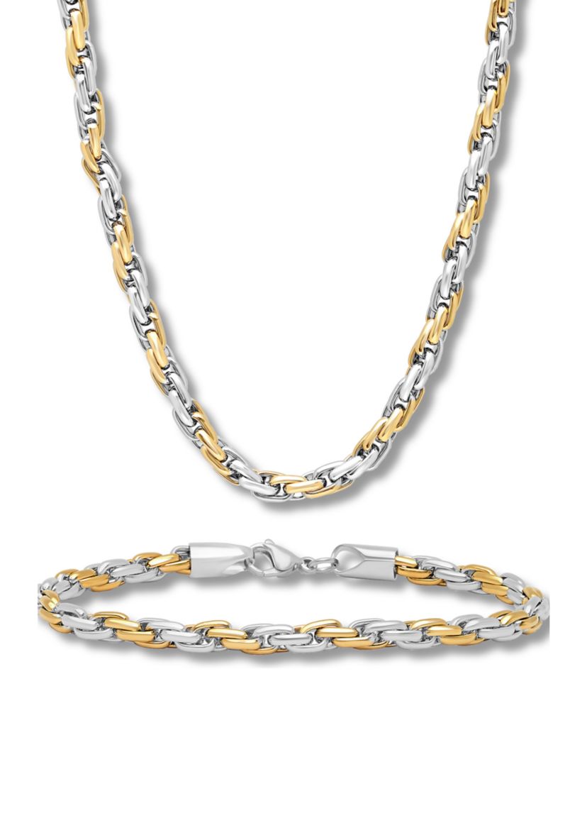 Rope Link Chain Bracelet and Necklace Set in Two-Tone Stainless Steel