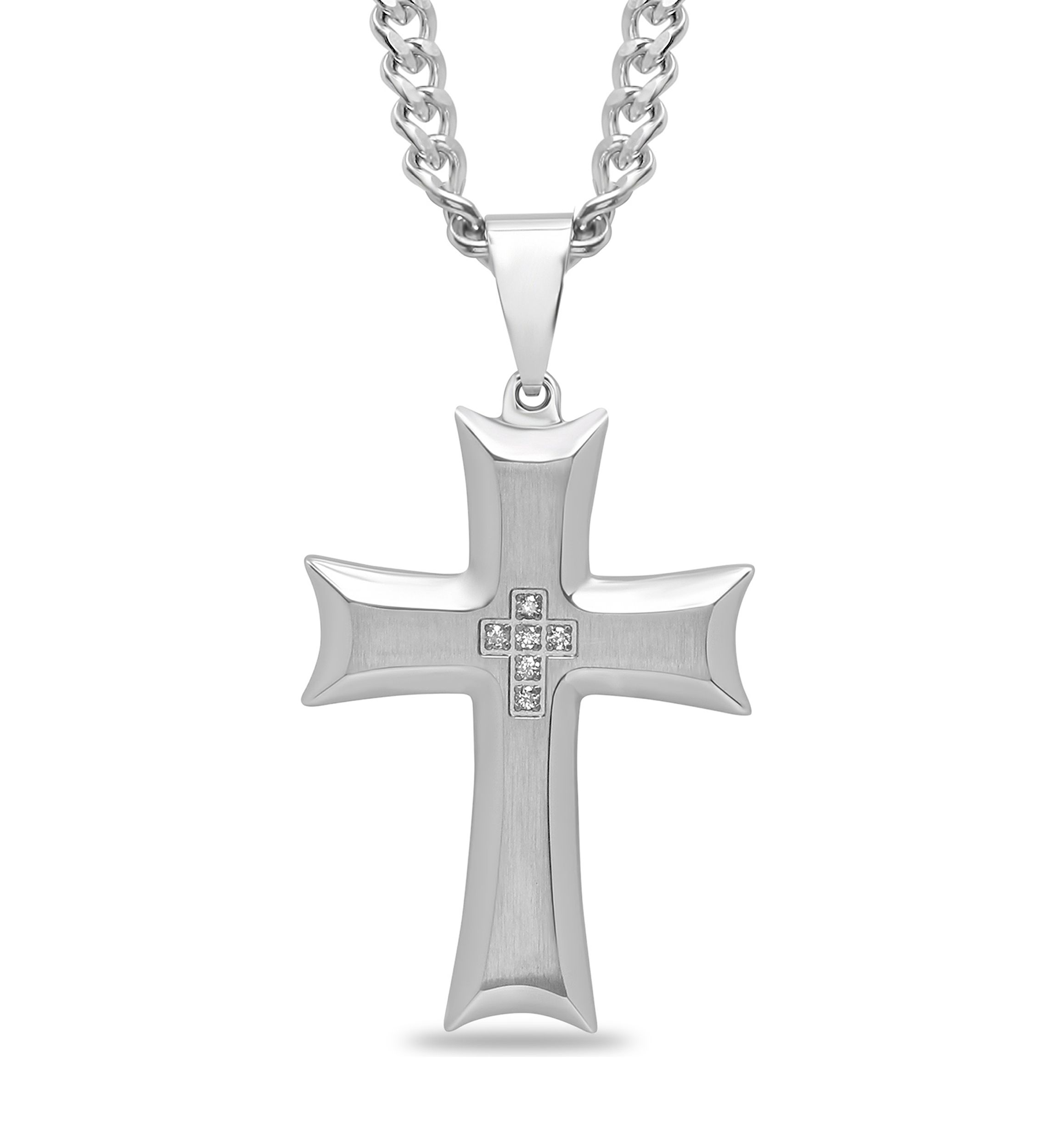 1/10 ct. t.w. Diamond Scalloped Cross Pendant in Stainless Steel