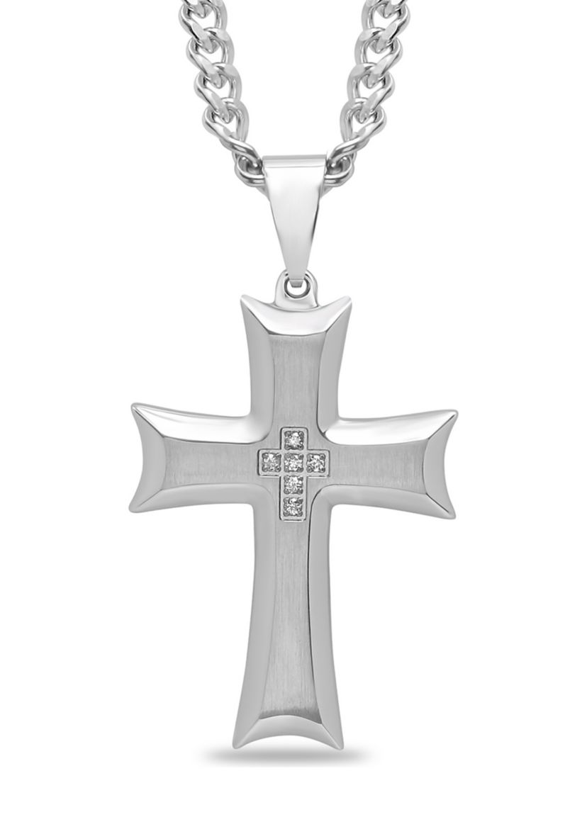 1/10 ct. t.w. Diamond Scalloped Cross Pendant in Stainless Steel