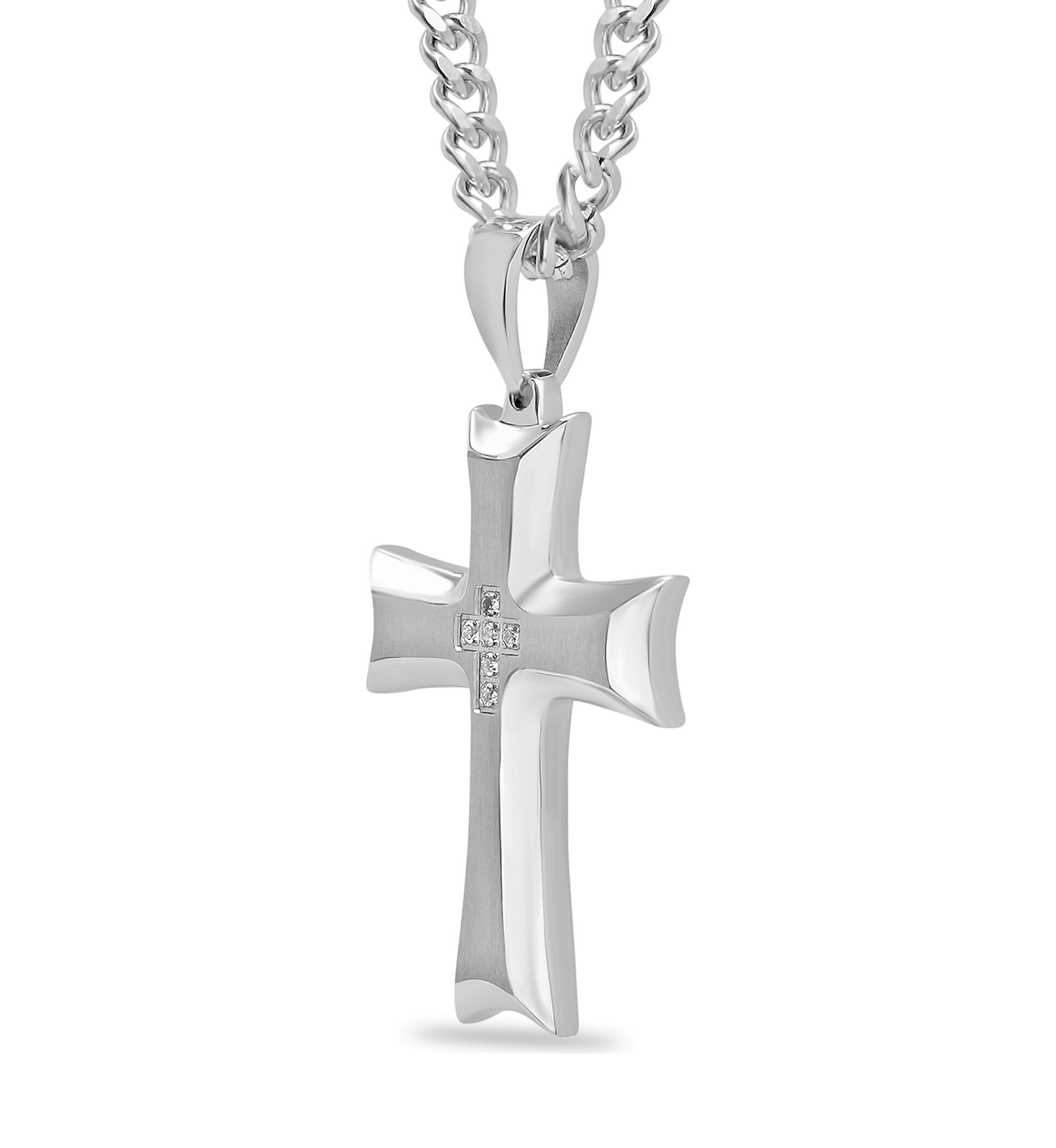 1/10 ct. t.w. Diamond Scalloped Cross Pendant in Stainless Steel