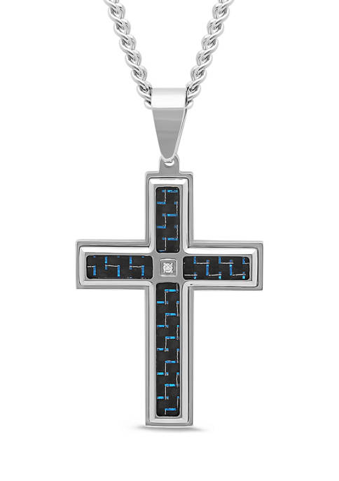 1/10 ct. t.w. Diamond and Carbon Fiber Cross Pendant in Stainless Steel