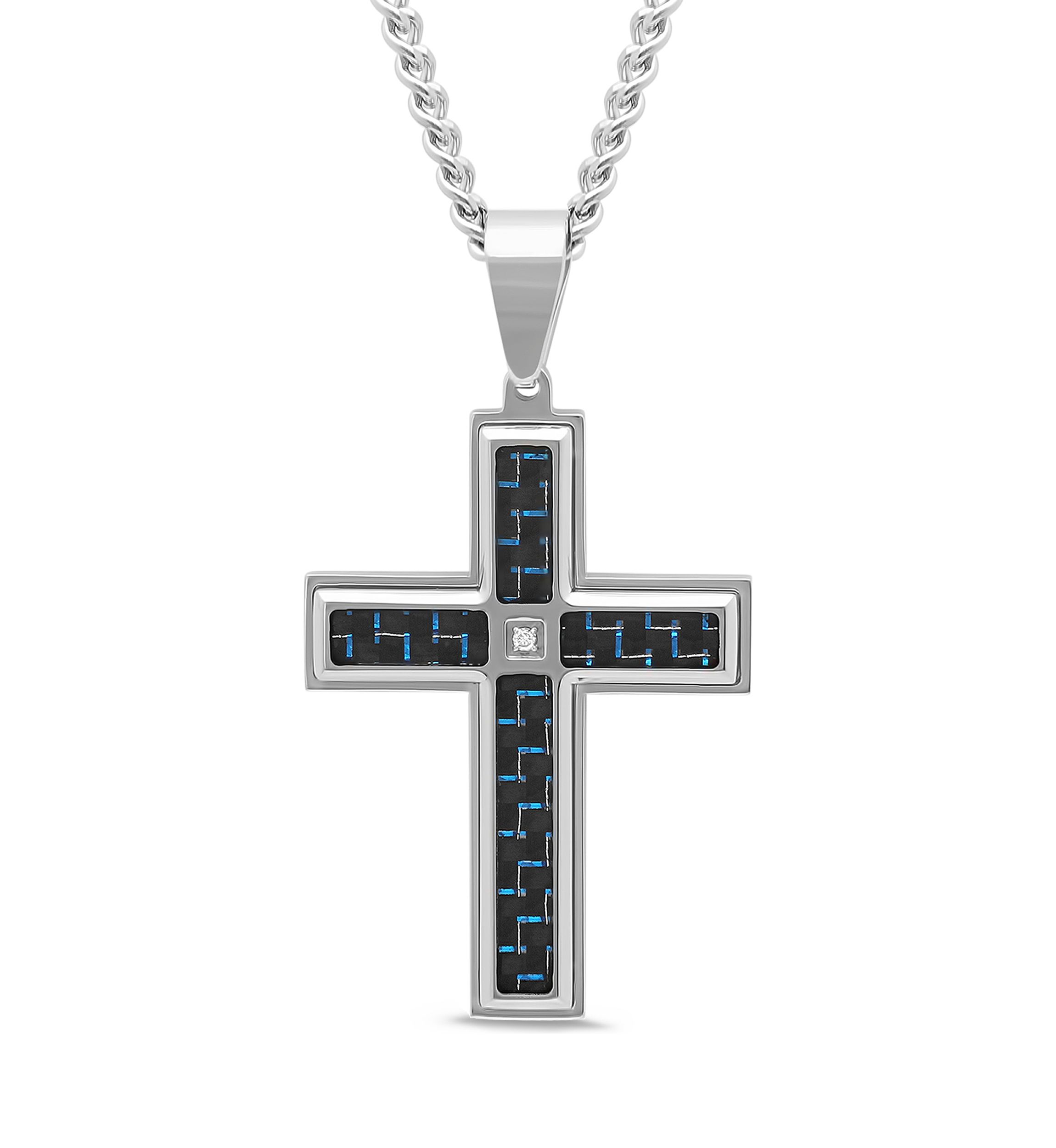 1/10 ct. t.w. Diamond and Carbon Fiber Cross Pendant in Stainless Steel