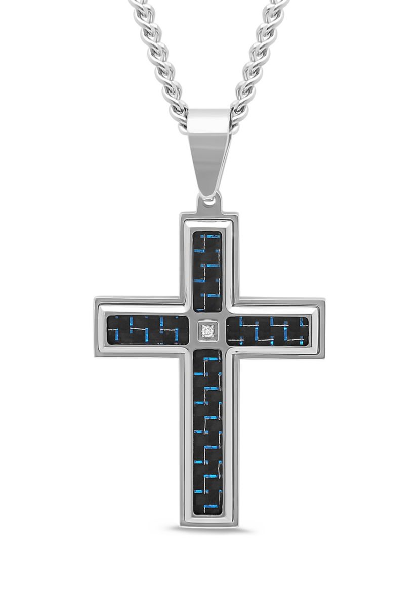 1/10 ct. t.w. Diamond and Carbon Fiber Cross Pendant in Stainless Steel