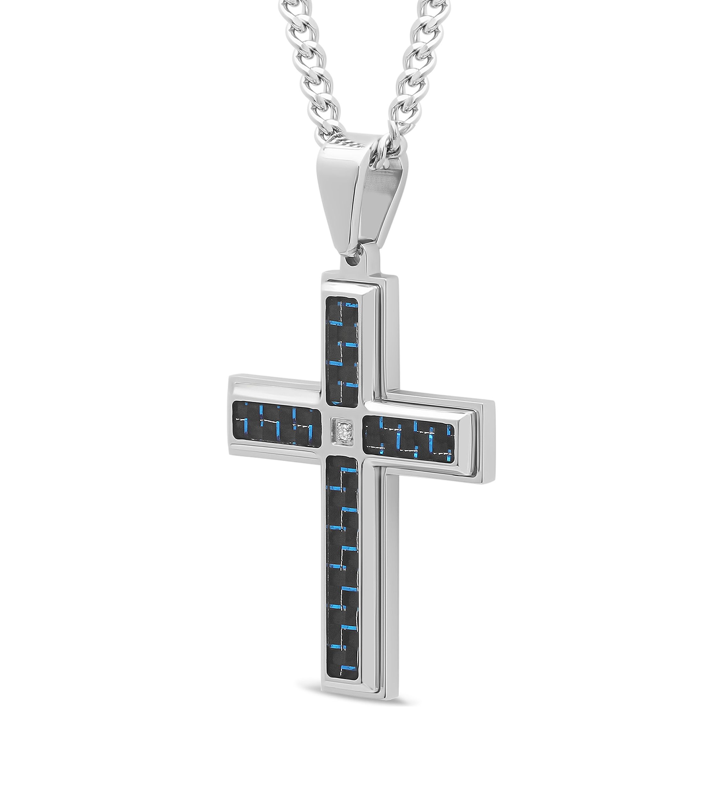 1/10 ct. t.w. Diamond and Carbon Fiber Cross Pendant in Stainless Steel