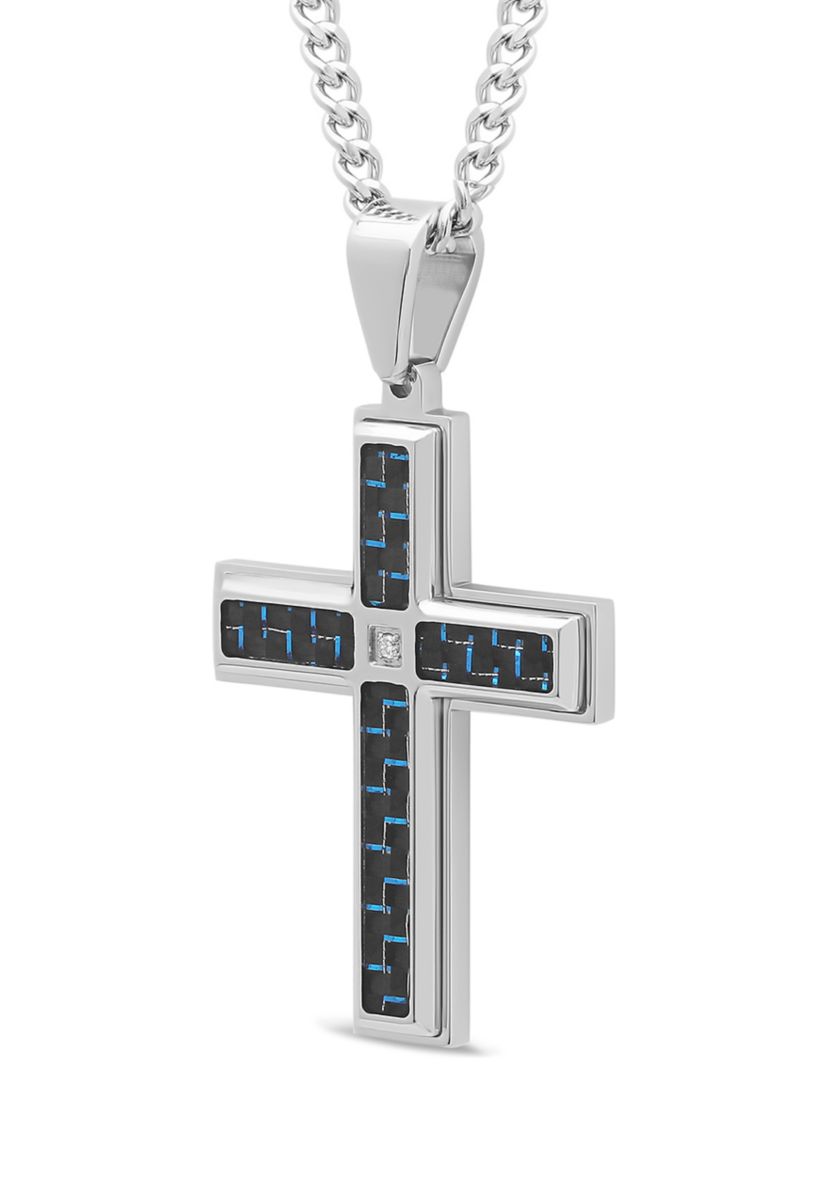 1/10 ct. t.w. Diamond and Carbon Fiber Cross Pendant in Stainless Steel