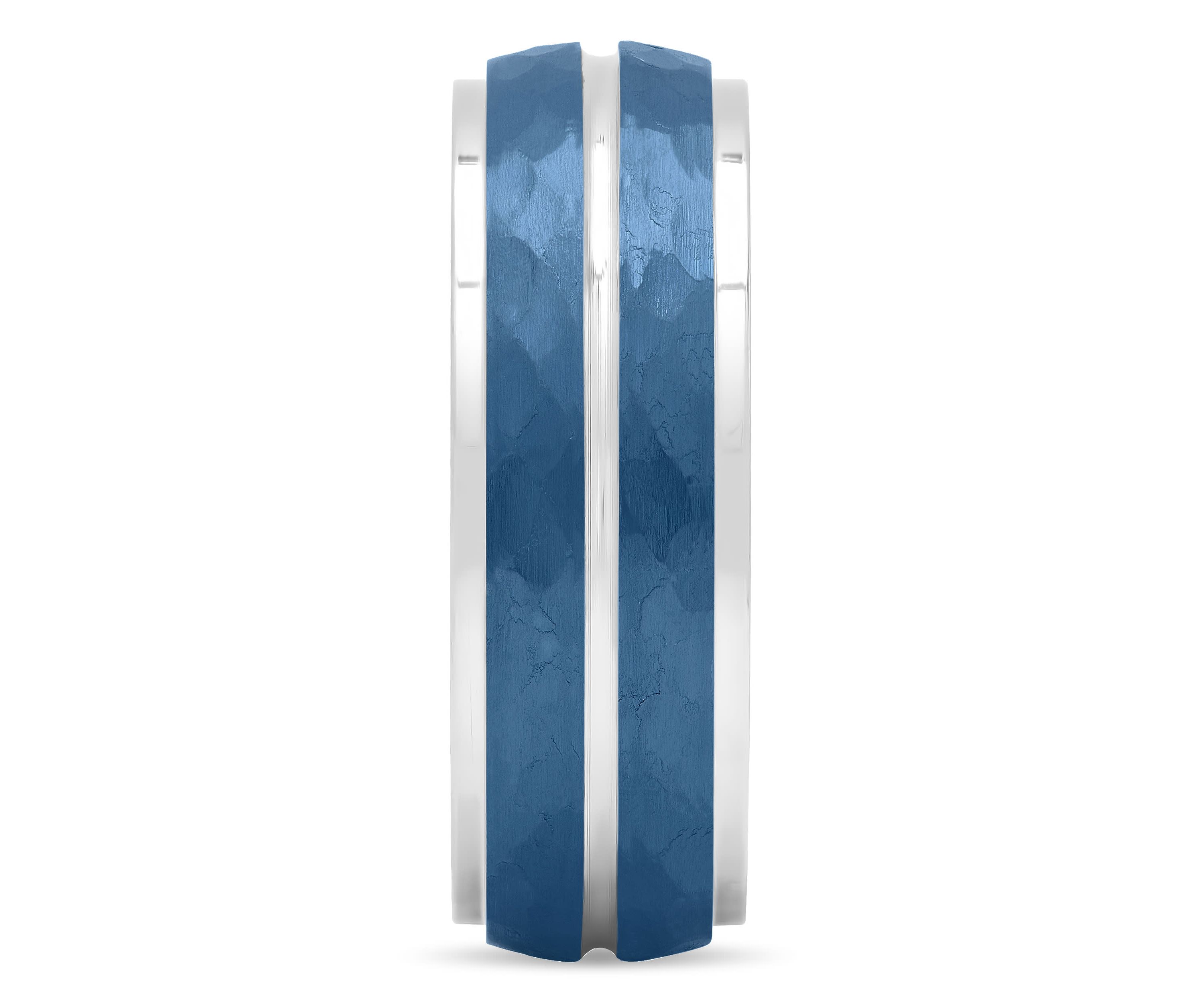 Blue Hammered 8mm Step Edge Band in Stainless Steel