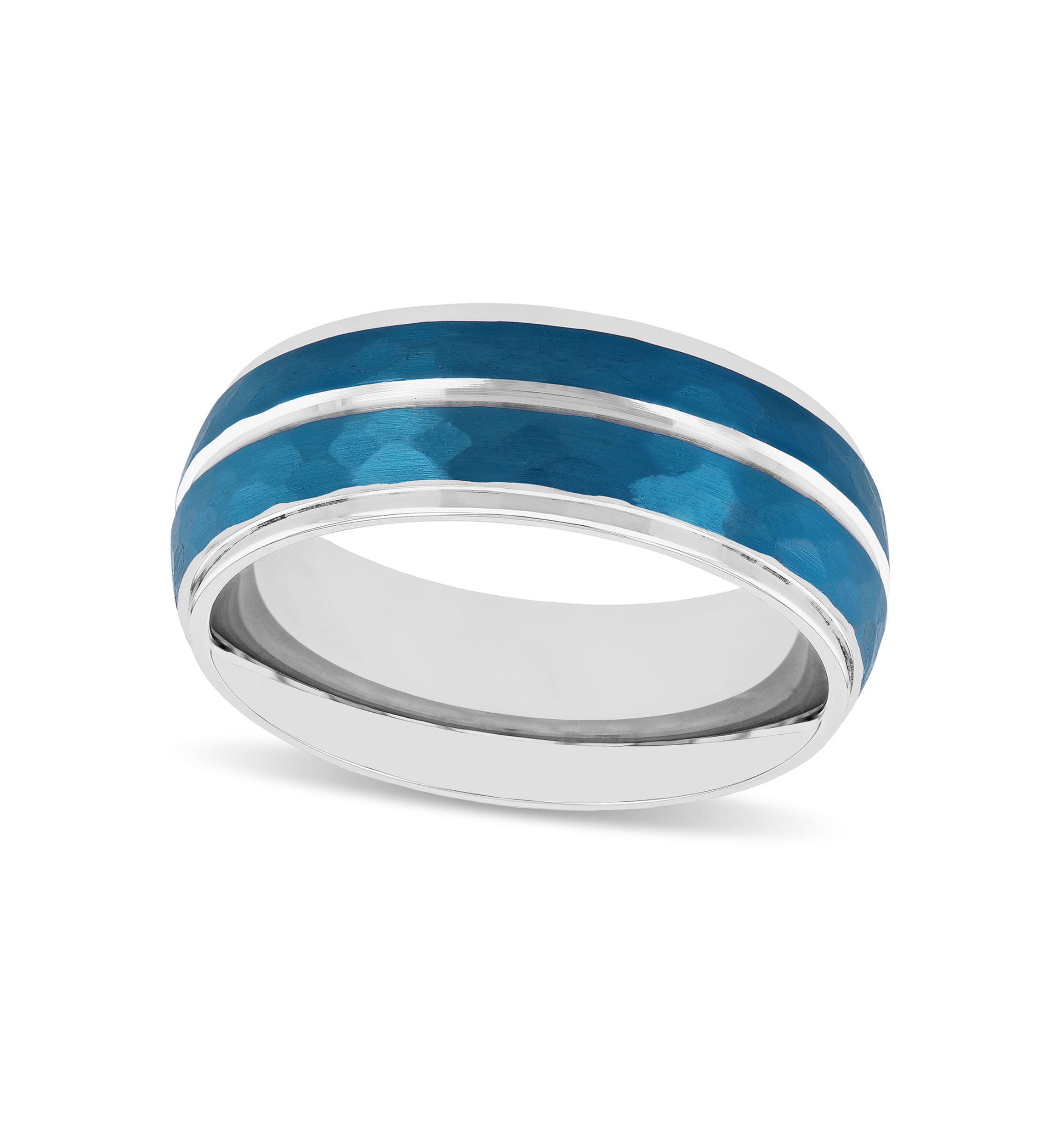 Blue Hammered 8mm Step Edge Band in Stainless Steel