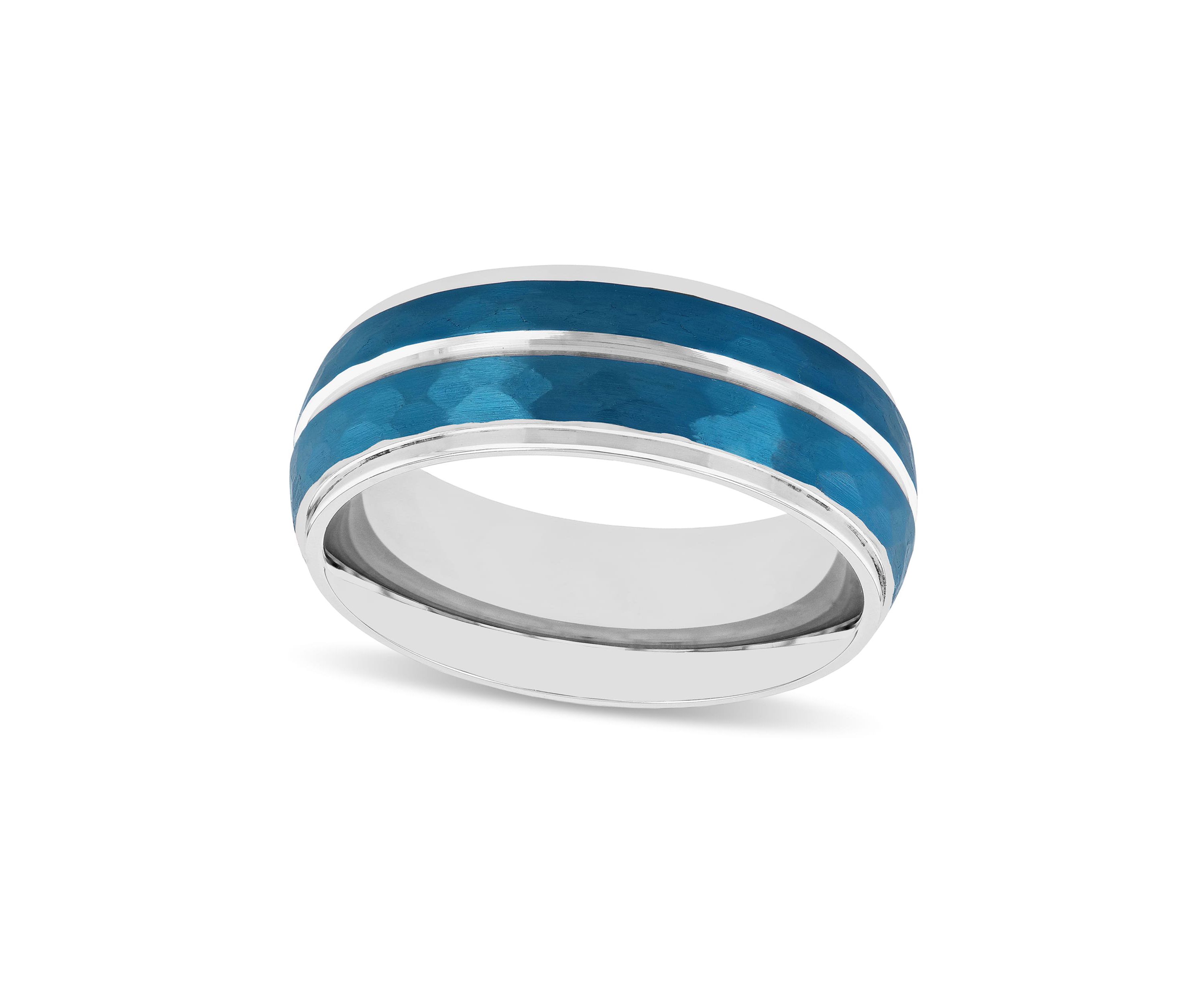 Blue Hammered 8mm Step Edge Band in Stainless Steel
