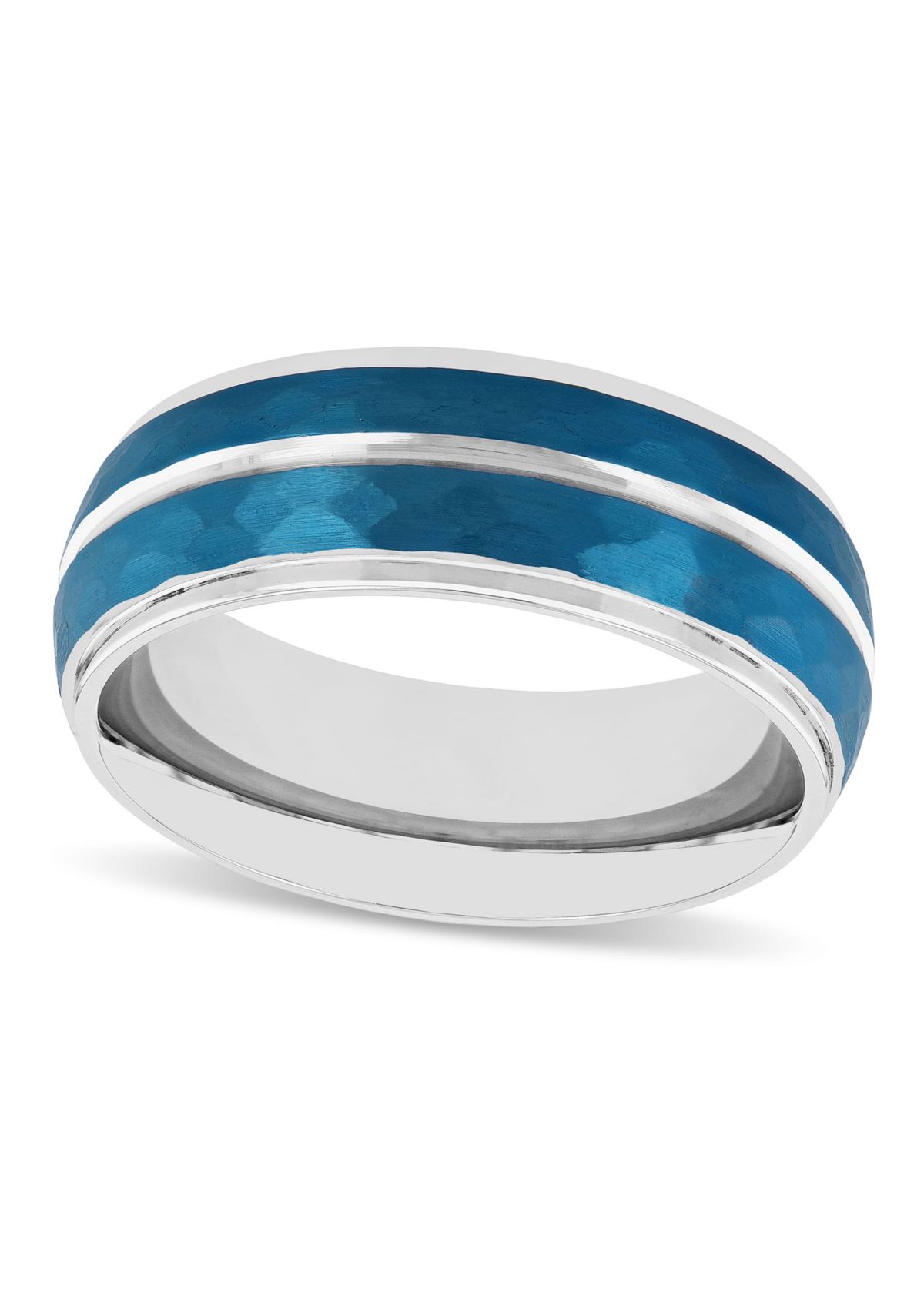 Blue Hammered 8mm Step Edge Band in Stainless Steel