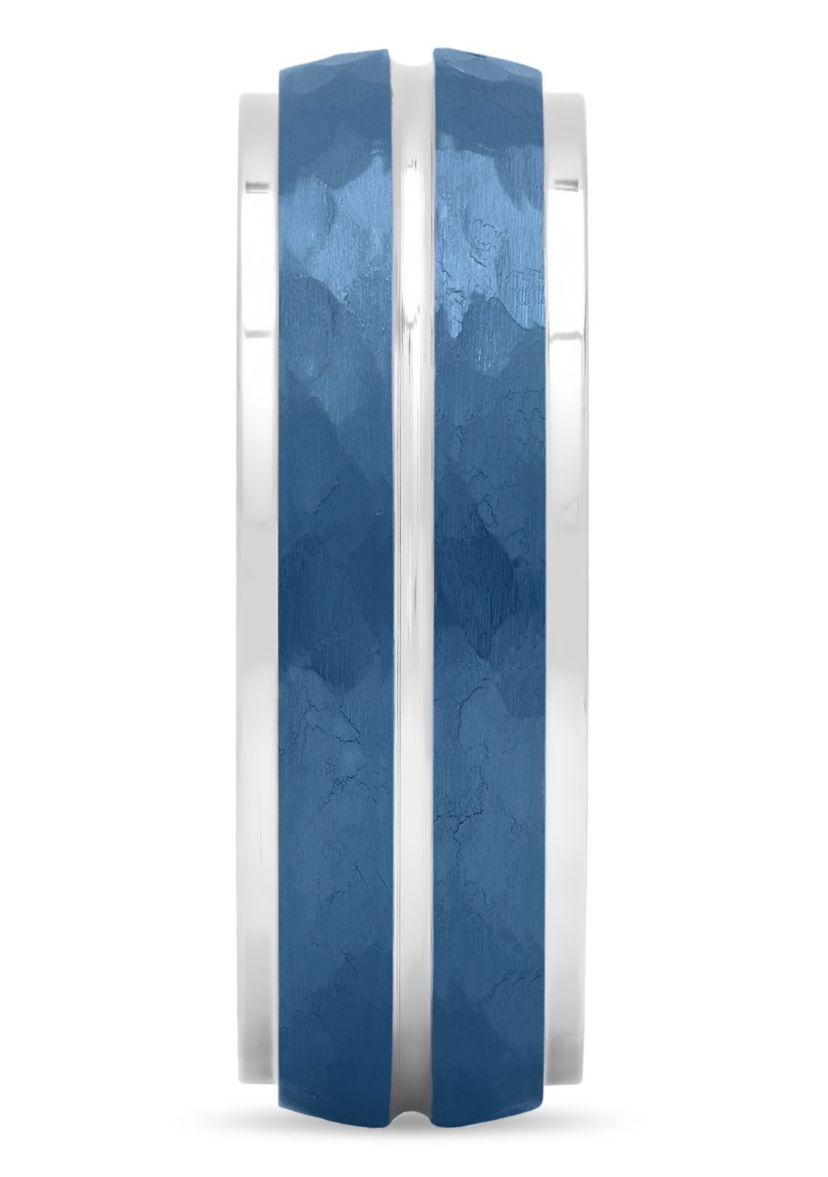 Blue Hammered 8mm Step Edge Band in Stainless Steel