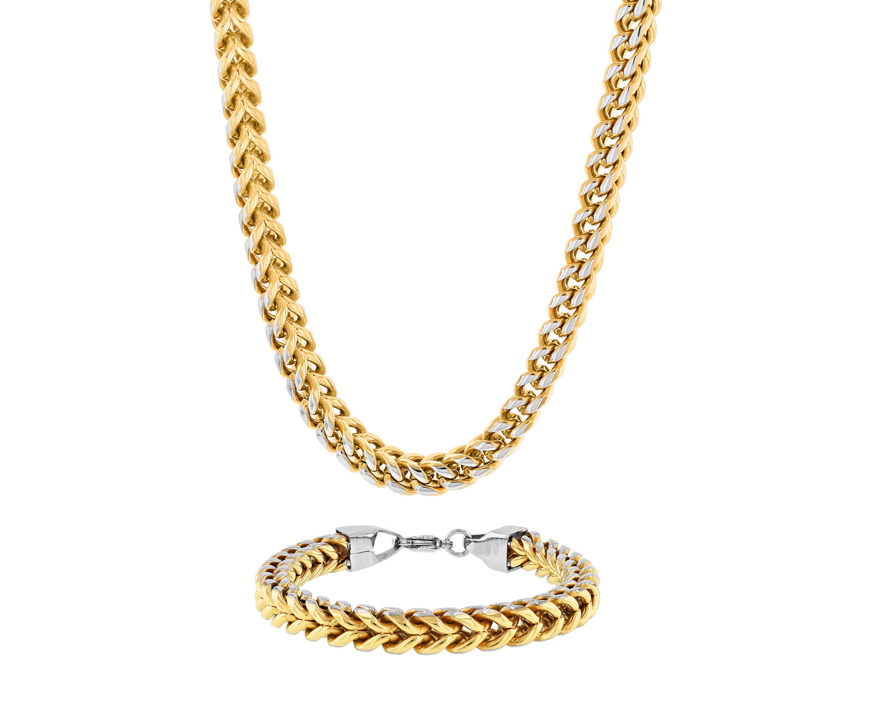 Franco Link Chain Bracelet and Necklace Set in Gold-Tone Stainless Steel