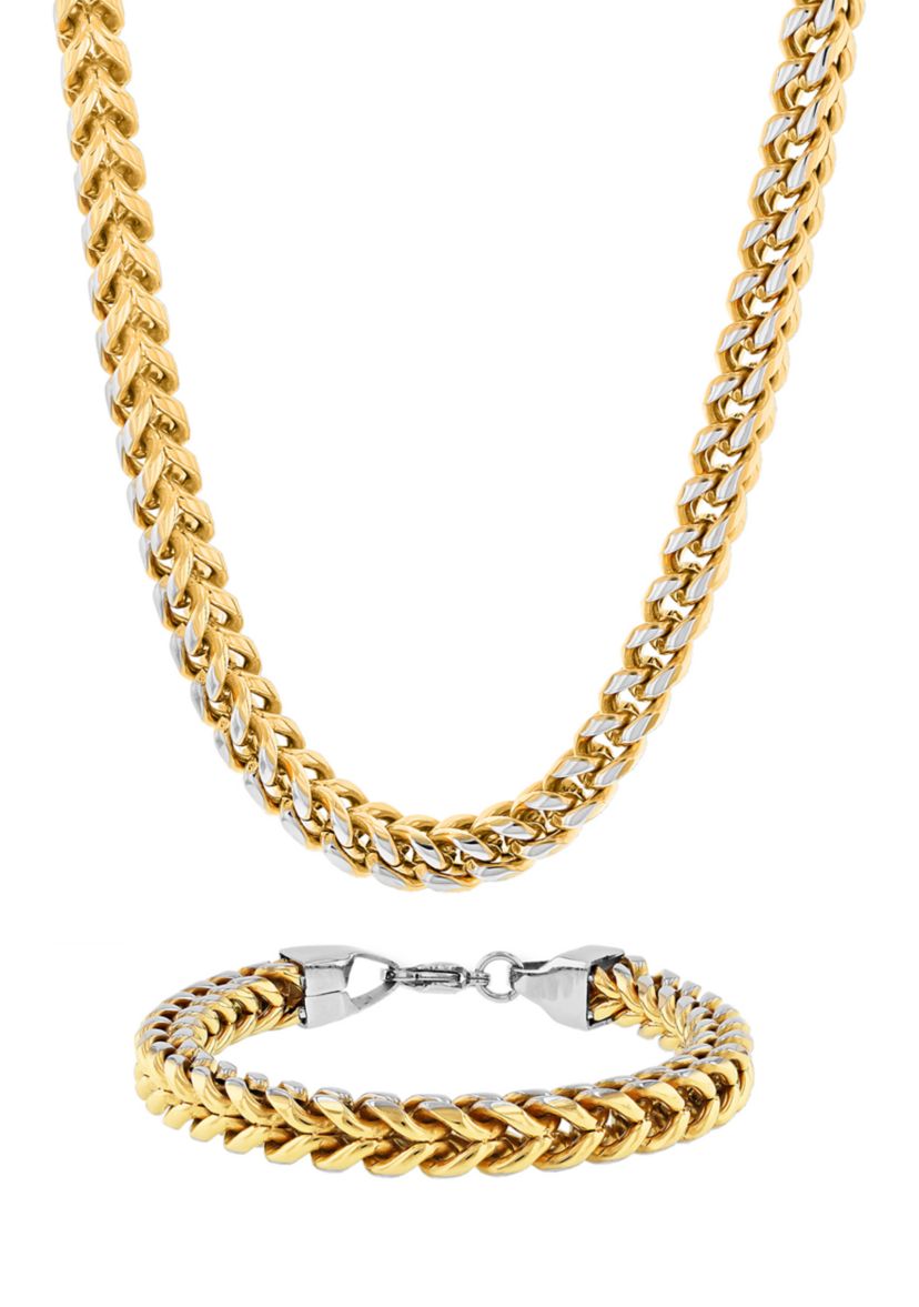 Franco Link Chain Bracelet and Necklace Set in Gold-Tone Stainless Steel