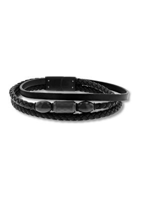 Belk & Co Men's Black Faux Leather and Black Stainless Steel Stacked Bracelet