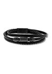 Black Faux Leather and Black Stainless Steel Stacked Bracelet