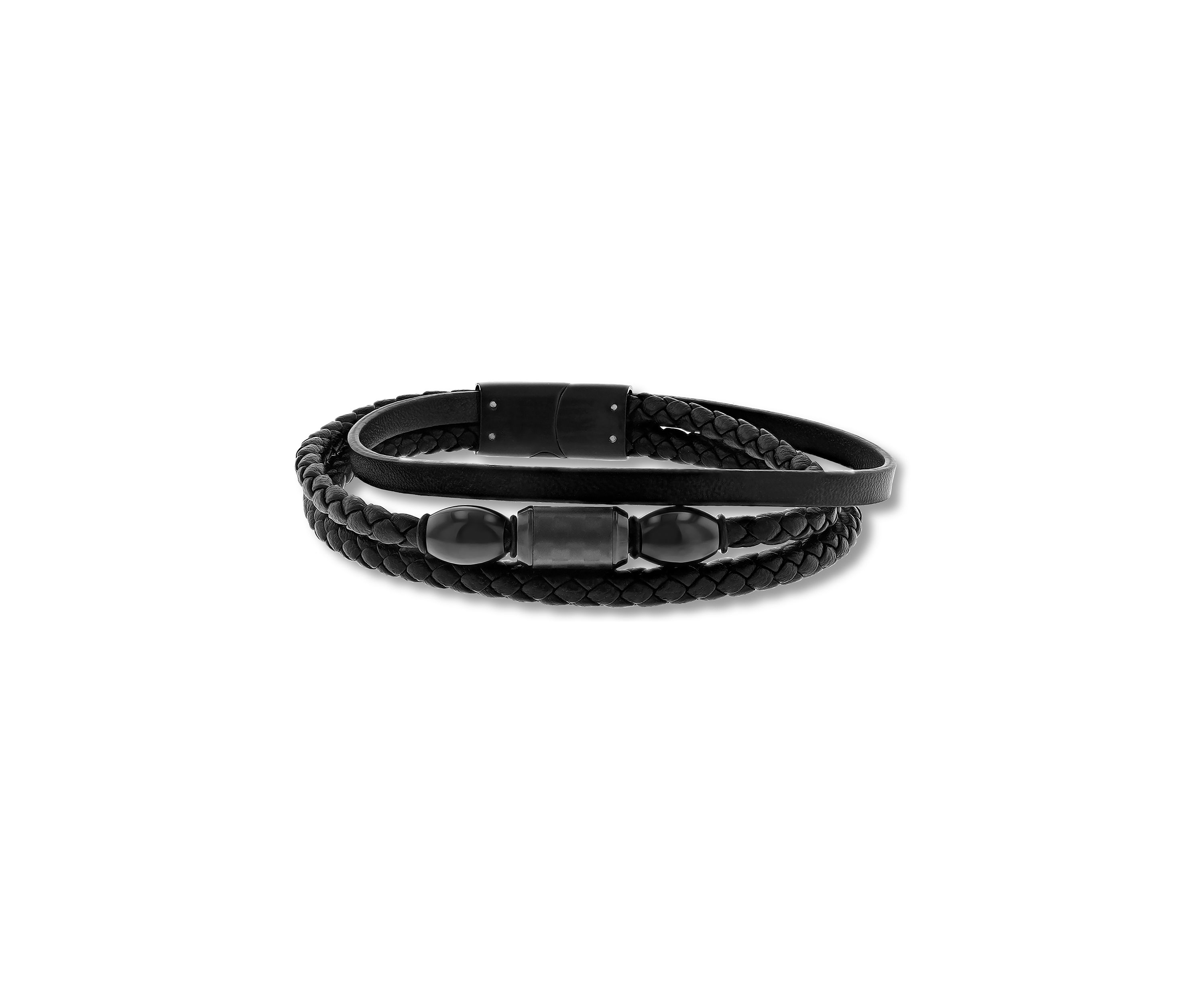 Black Faux Leather and Black Stainless Steel Stacked Bracelet