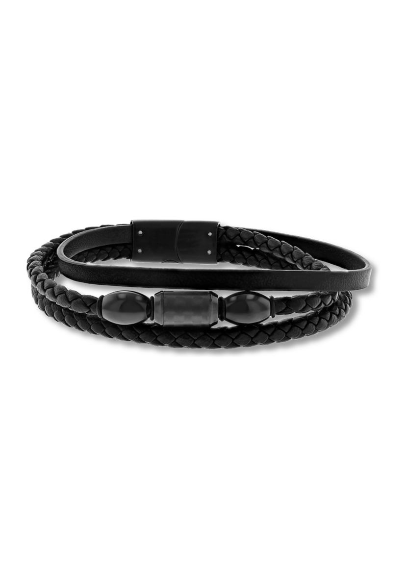 Black Faux Leather and Black Stainless Steel Stacked Bracelet